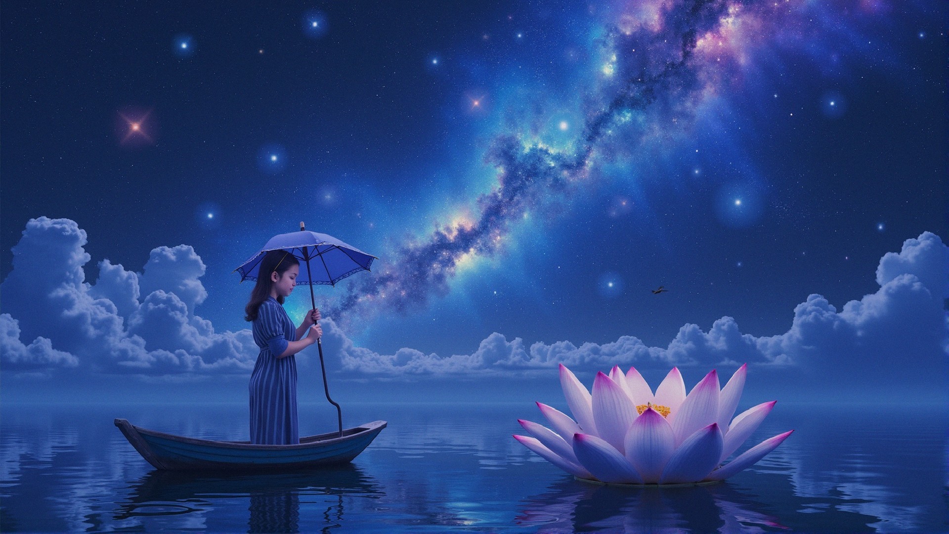 Young girl in boat with umbrella near lotus flower