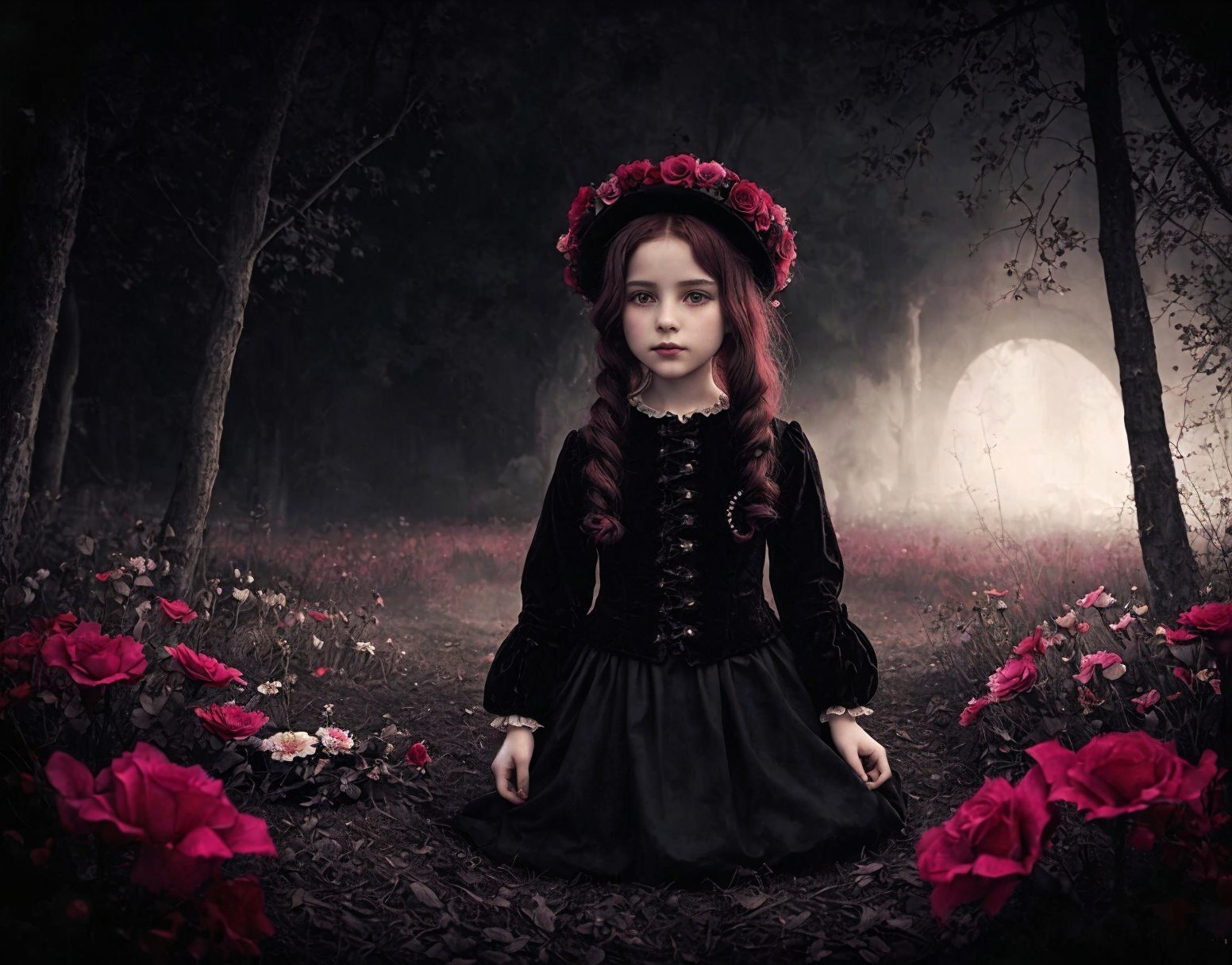 Young girl in dark forest with pink roses and mist