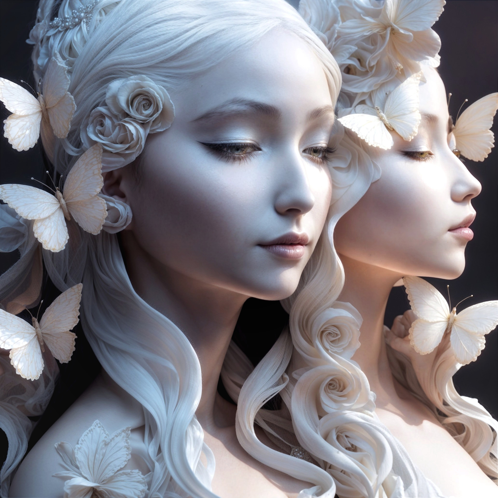 Ethereal figure with white hair and tranquil expression