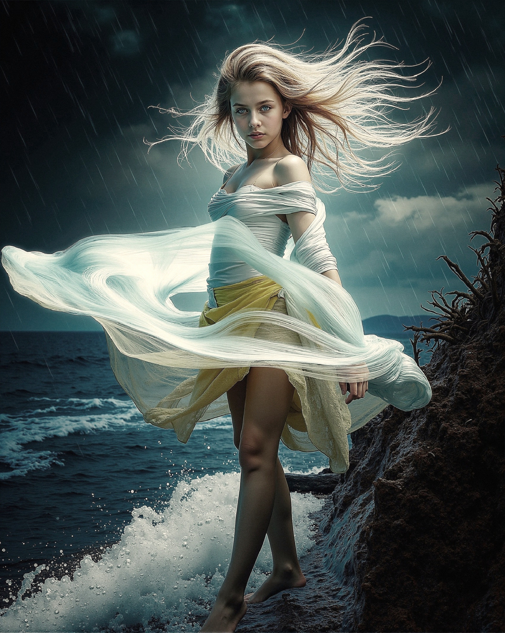Young woman in flowing attire on rocky shore with storm