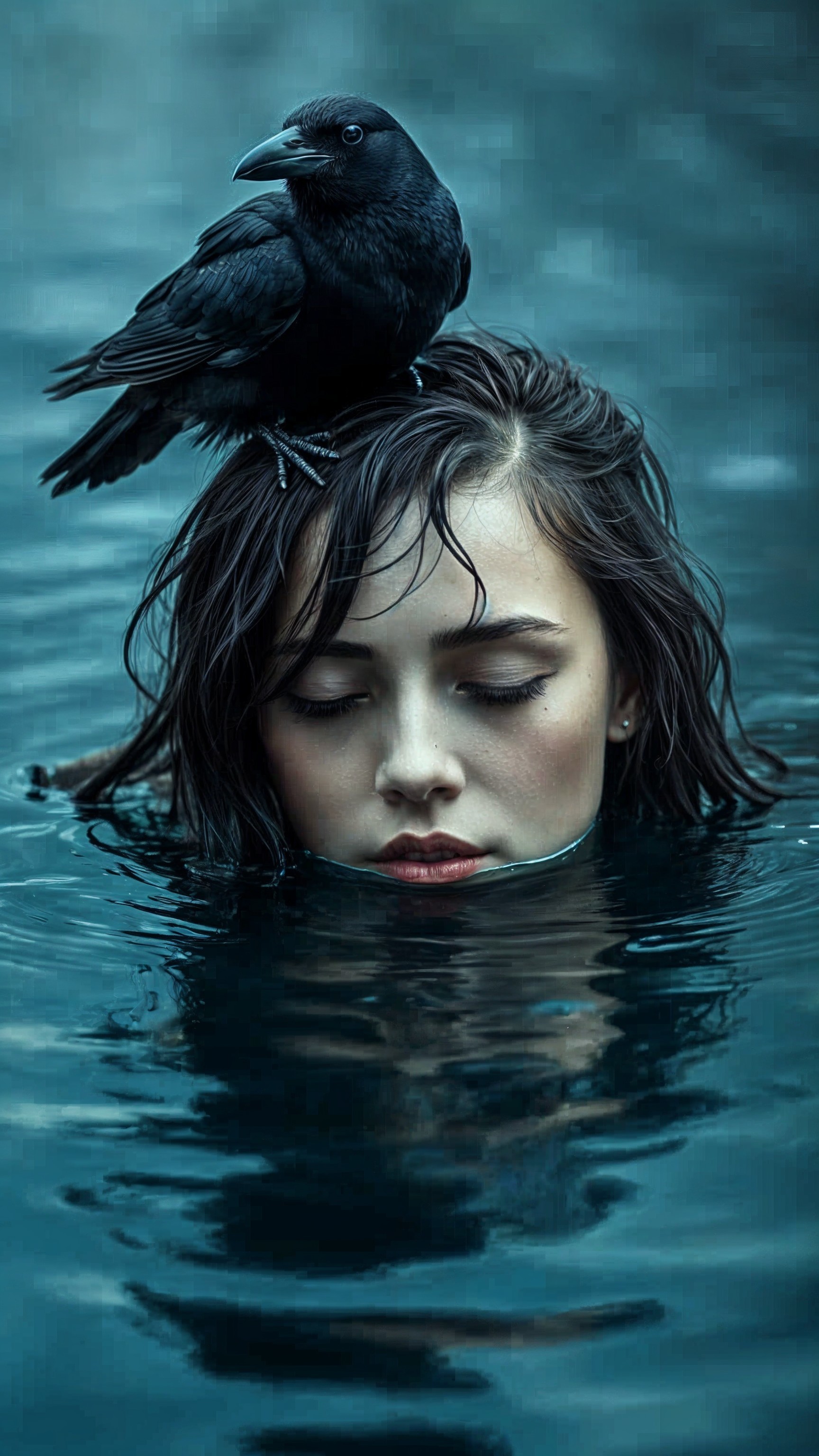 Young Woman in Water with Crow in Misty Background