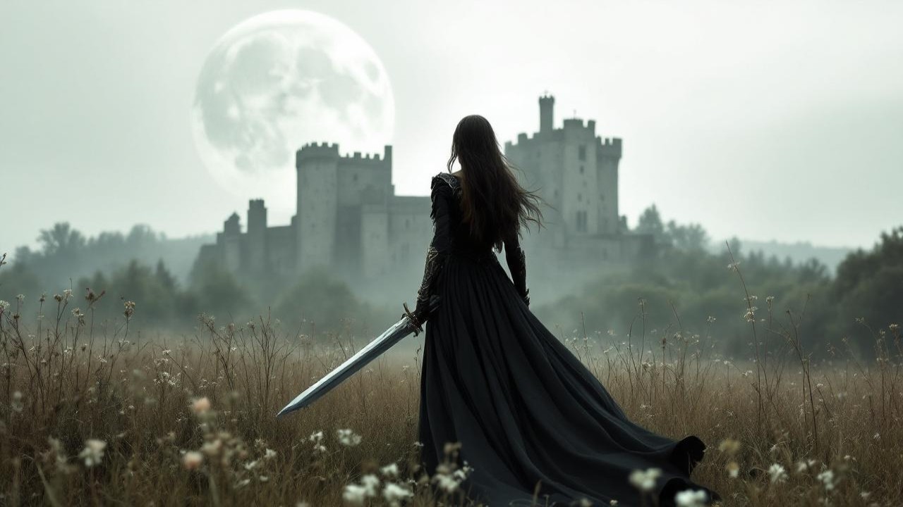 Lone Figure in Grassy Field with Castle and Moon
