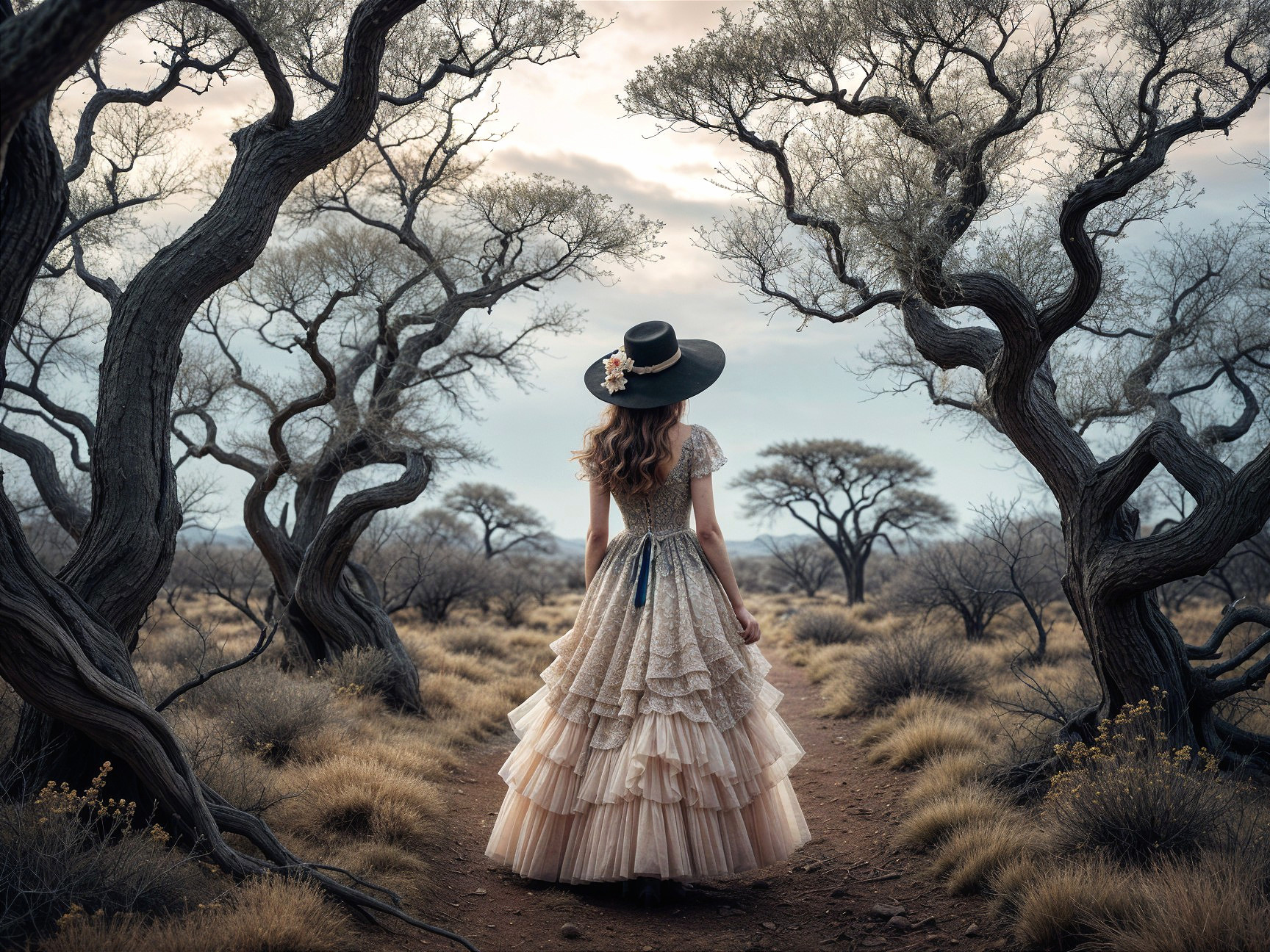 Vintage Dress Walk in Barren Landscape with Trees