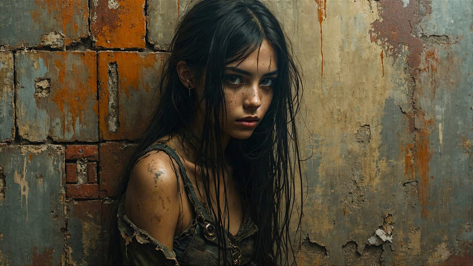 Young woman with wet hair in a gritty setting