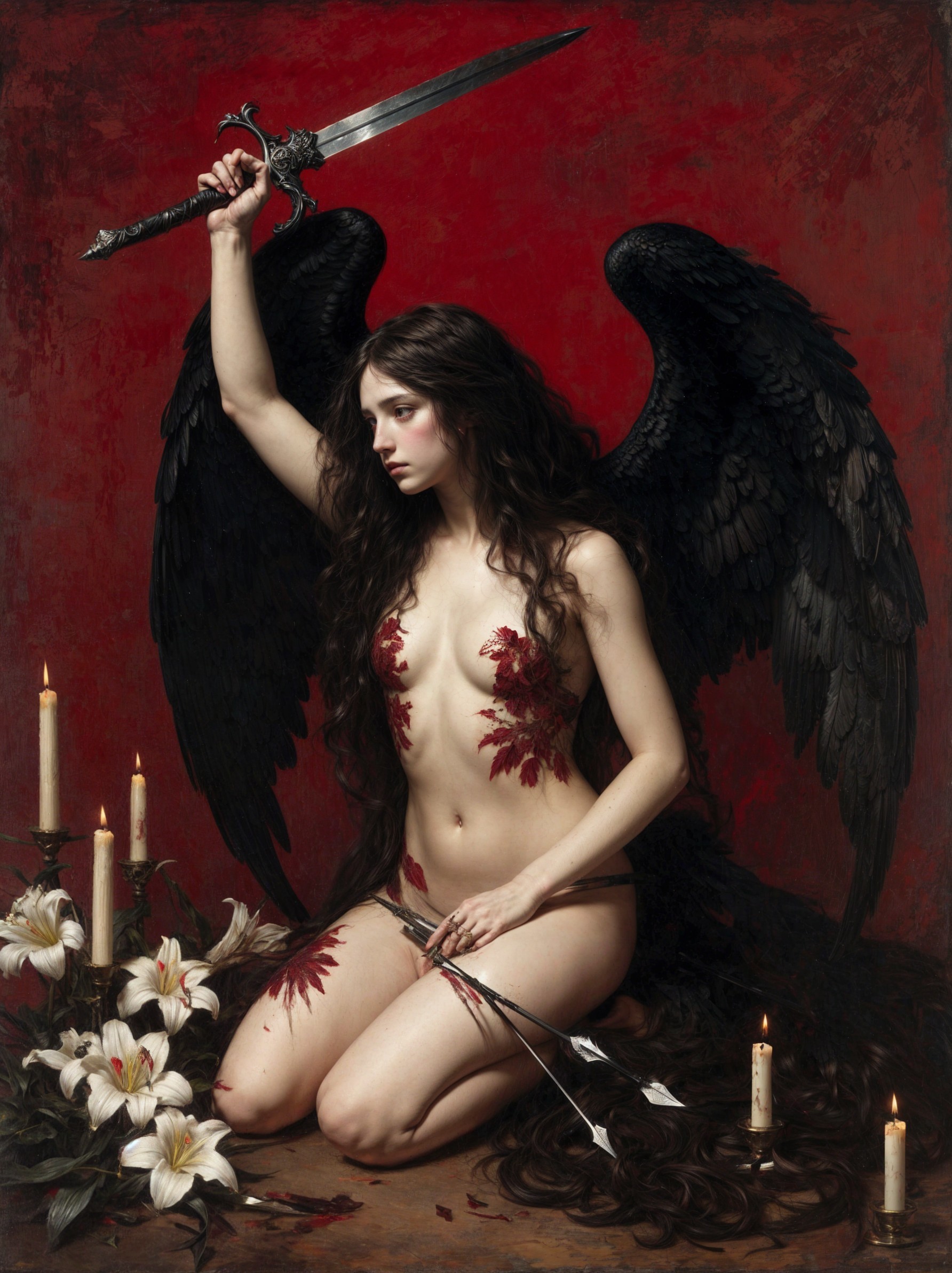 Mystical Figure with Dark Wings in Blood-Red Setting