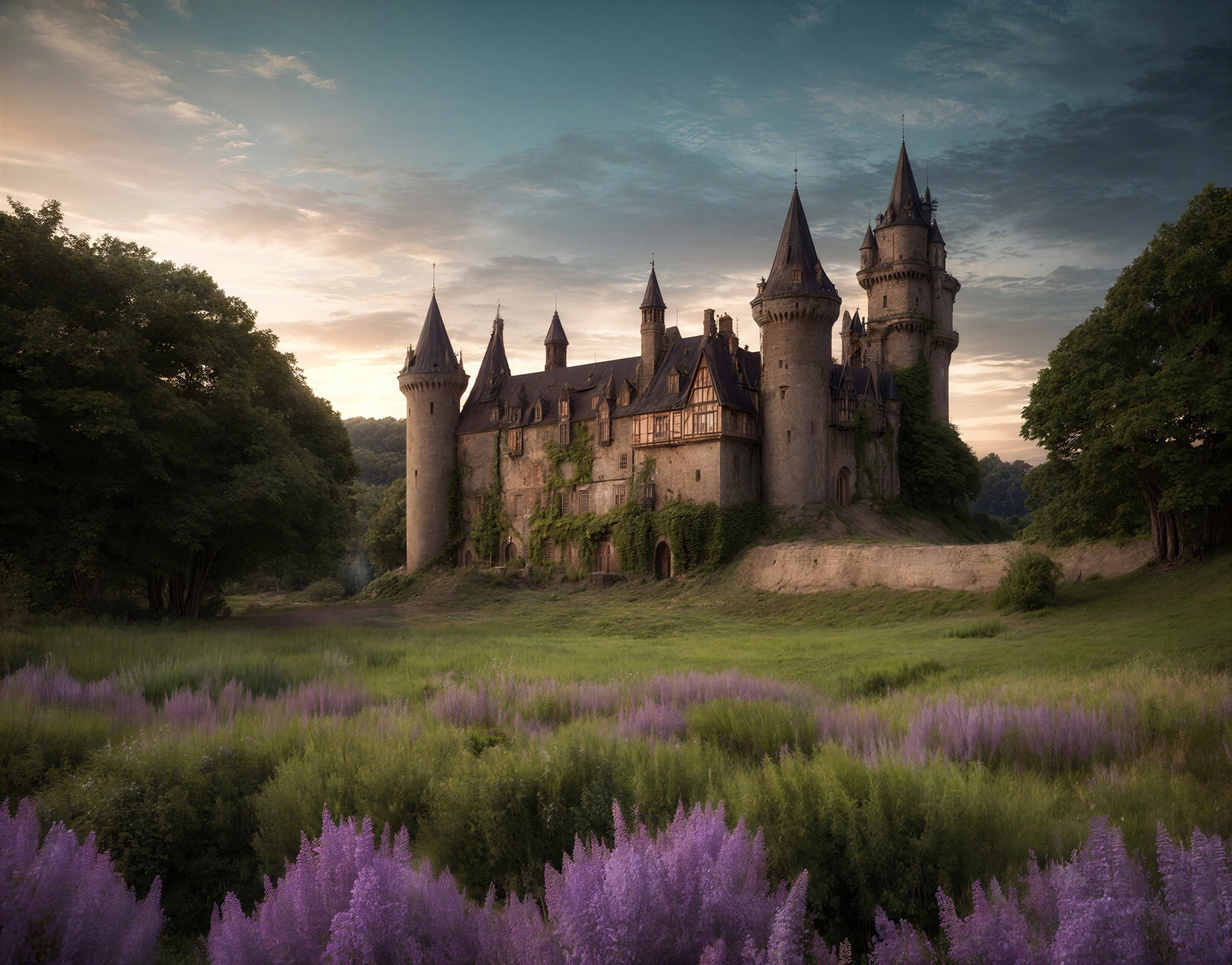 Weathered castle on a hillside with lavender blooms