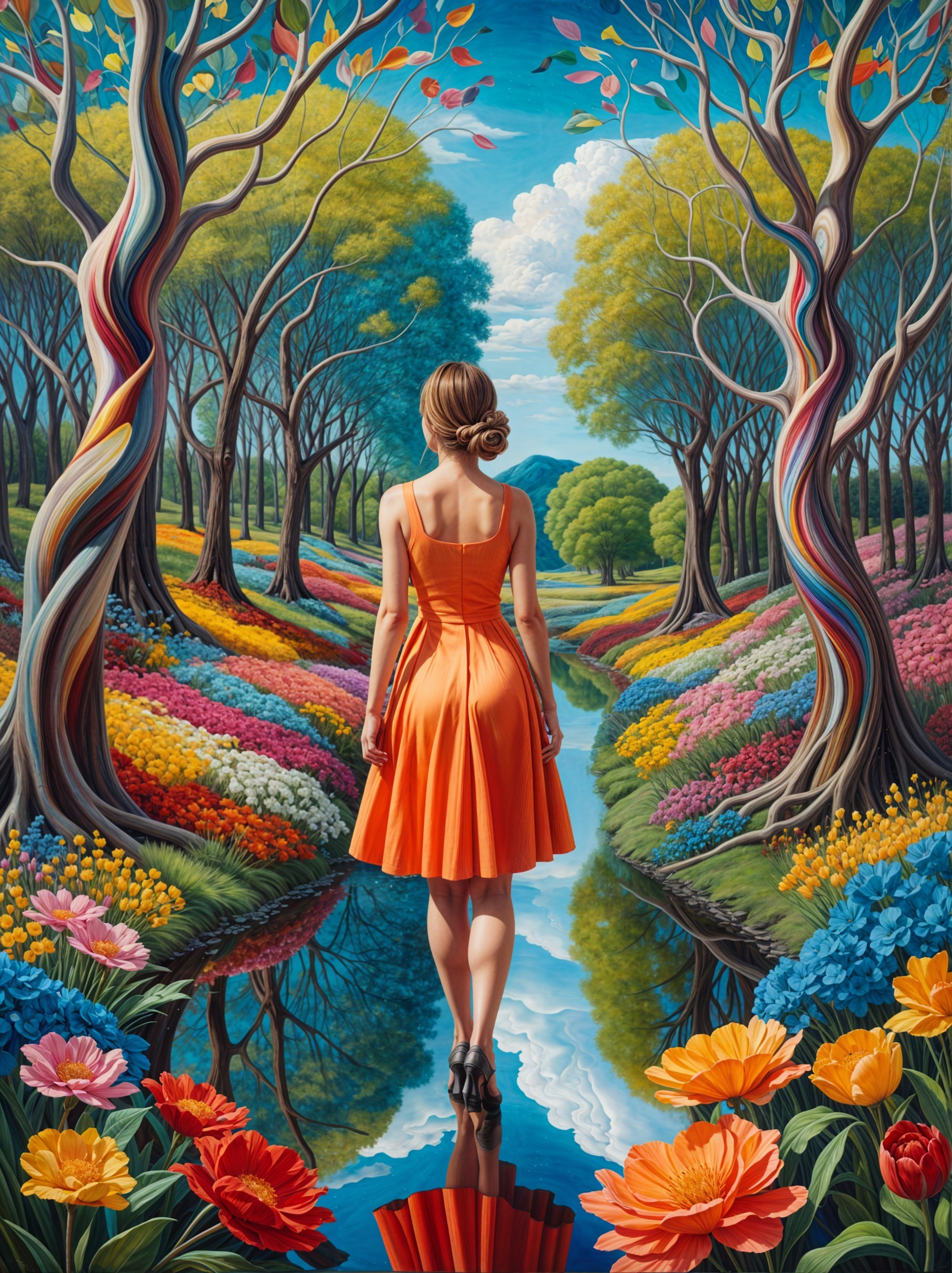 Woman in Orange Dress on Serene Flower Path
