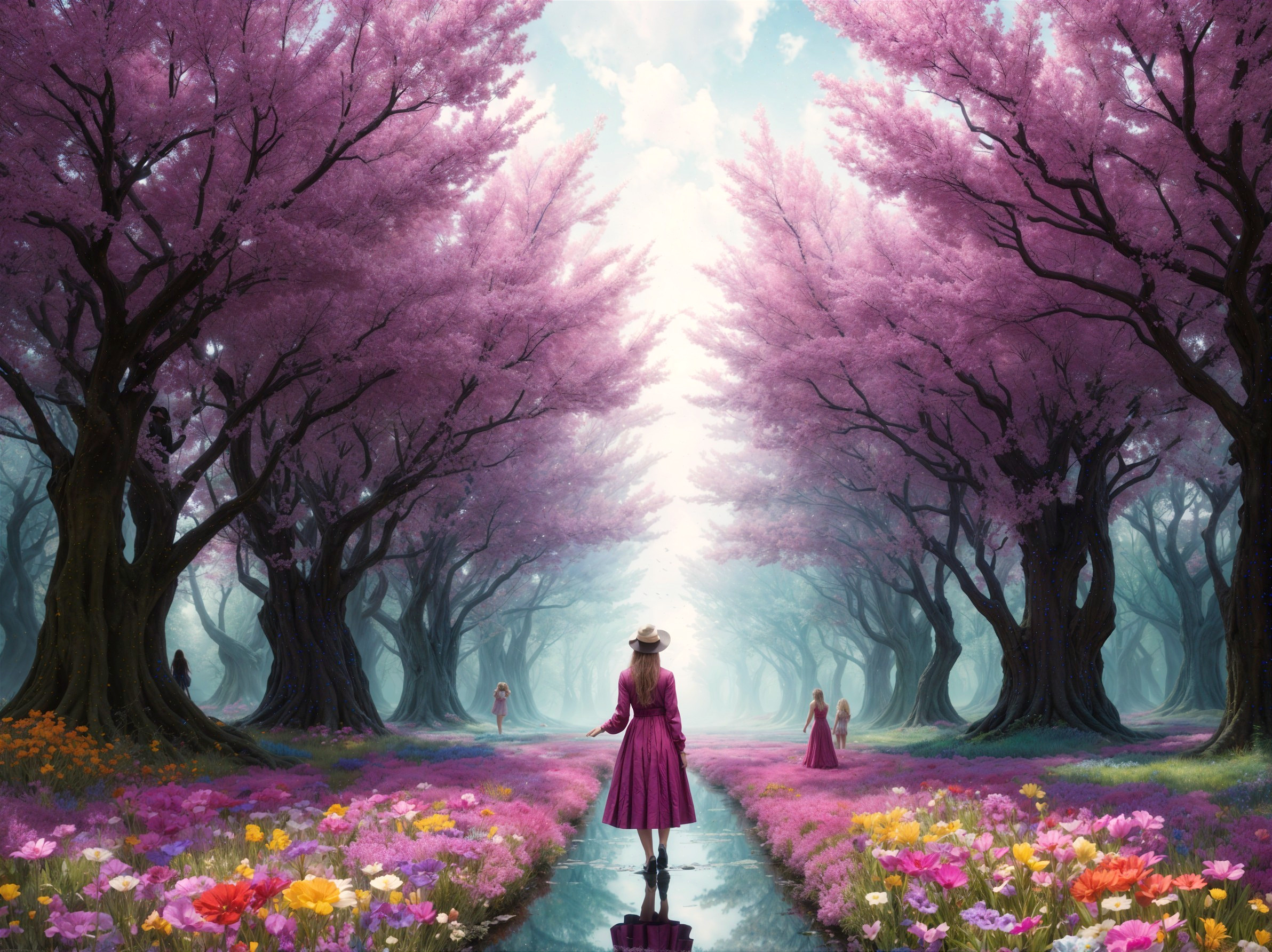 Serene landscape with blooming pink trees and pathway