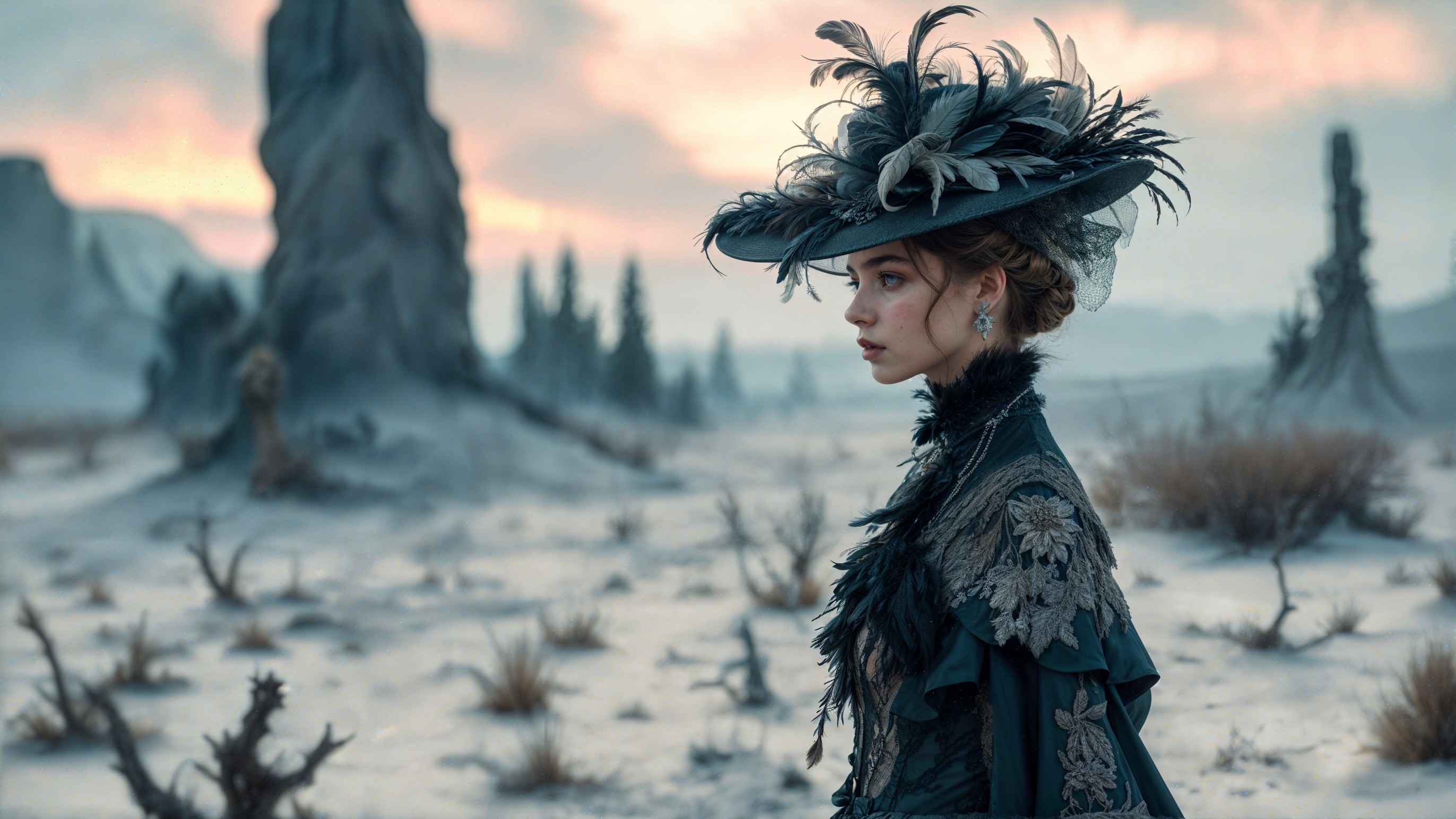 Surreal Landscape with Woman in Dark Teal Gown