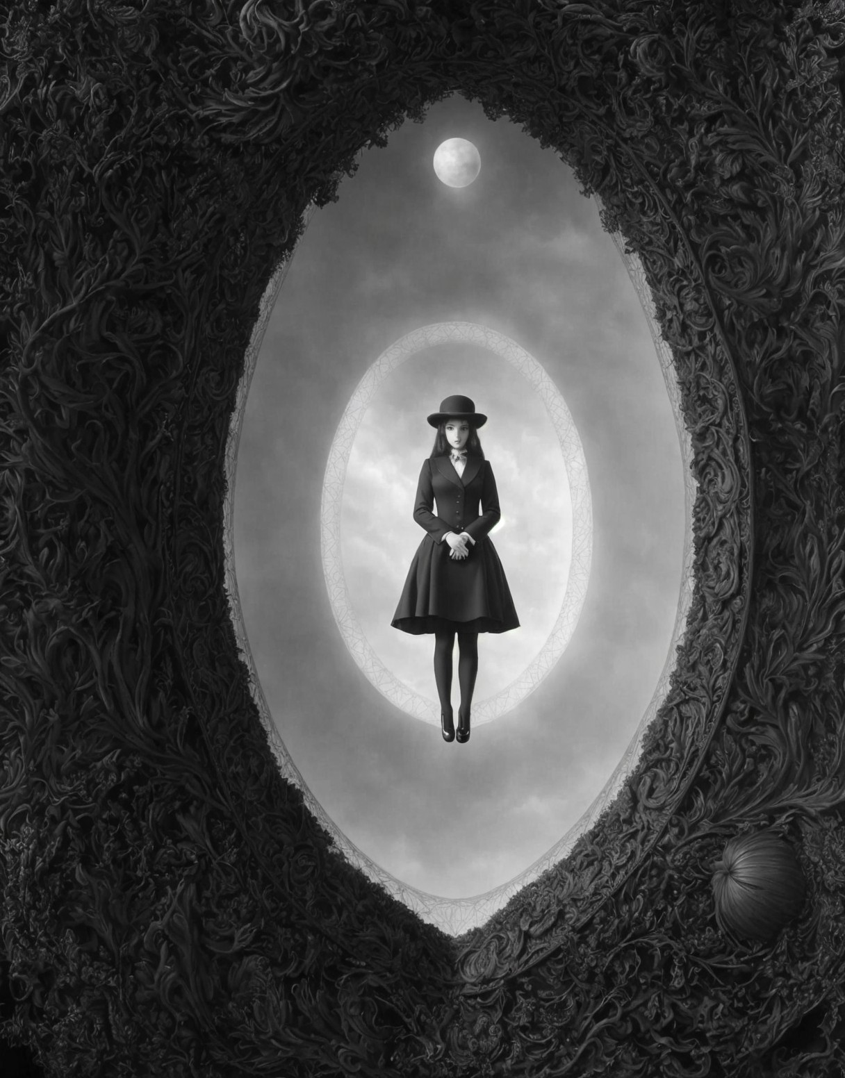 Surreal Black-and-White Landscape with Ornate Frame