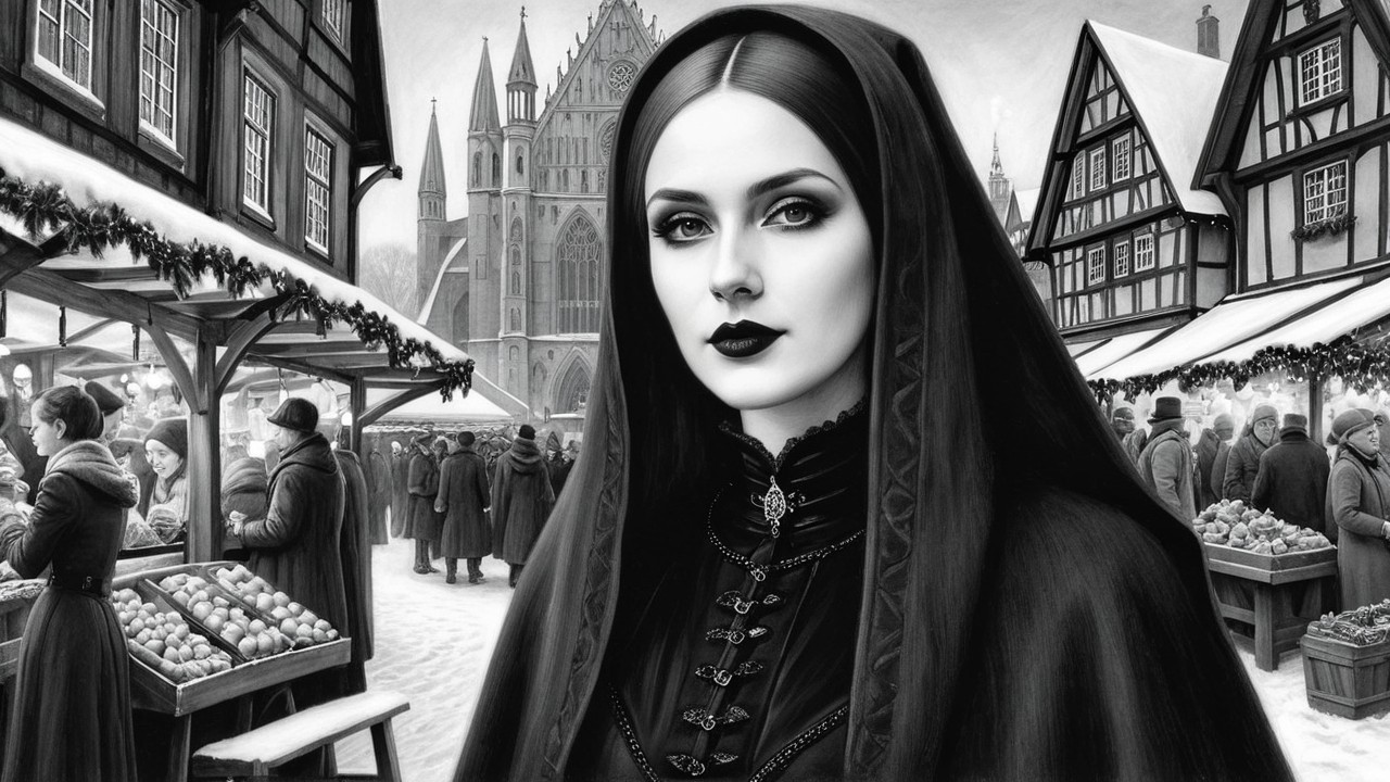 Monochromatic Winter Scene with Woman in Black Cape