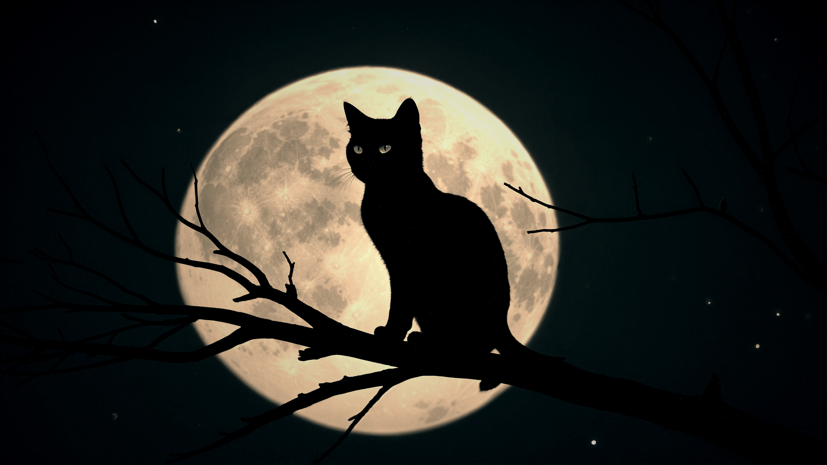 Silhouette of a black cat on a branch with full moon