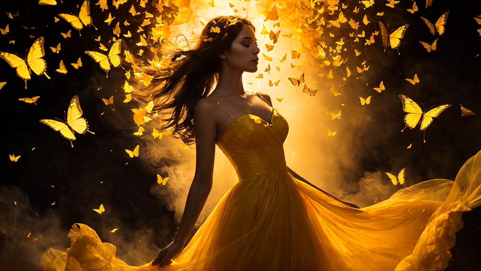 Woman in Yellow Gown Surrounded by Golden Butterflies