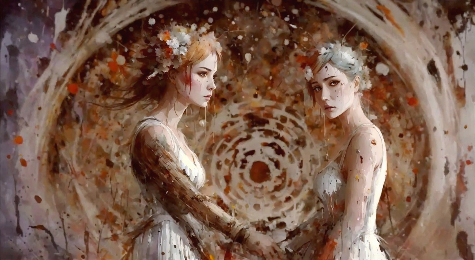 Two women in floral crowns and white dresses against abstract circular backdrop