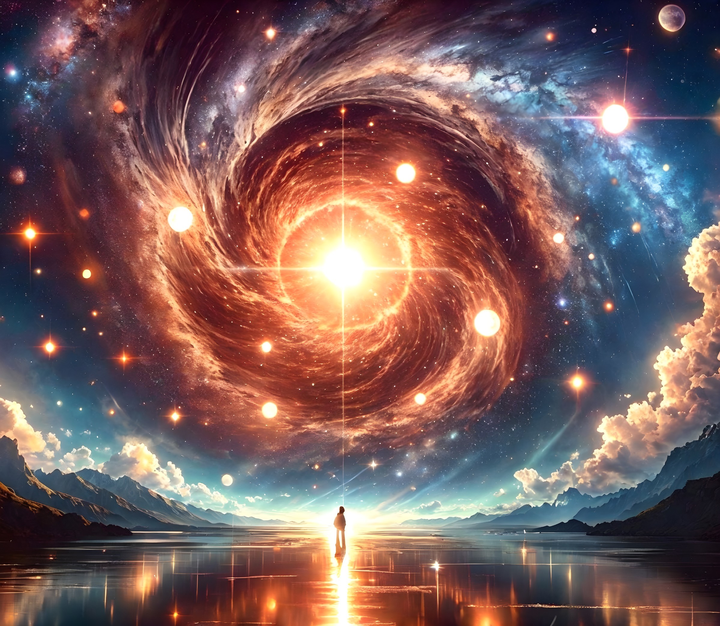 Person Reflects by Cosmic Vortex Under Starry Sky