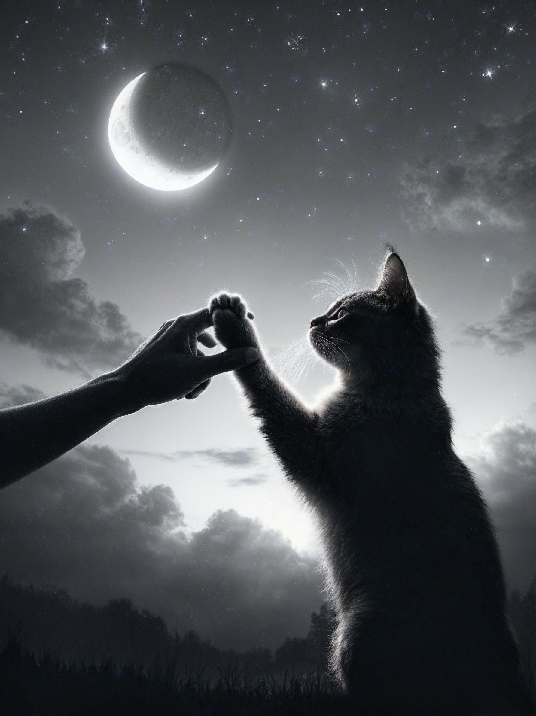 Black-and-White Scene of Human and Cat Connection