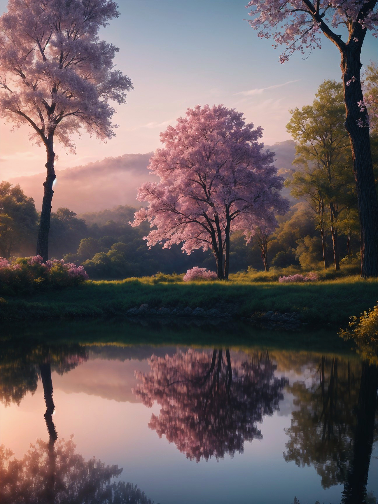 Serene Landscape with Pink Blossoms and Tranquil Waters