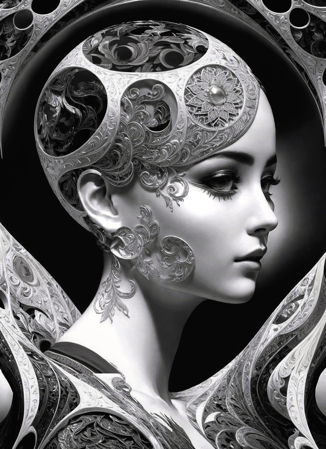 Stylized female figure with ornate detailing on black