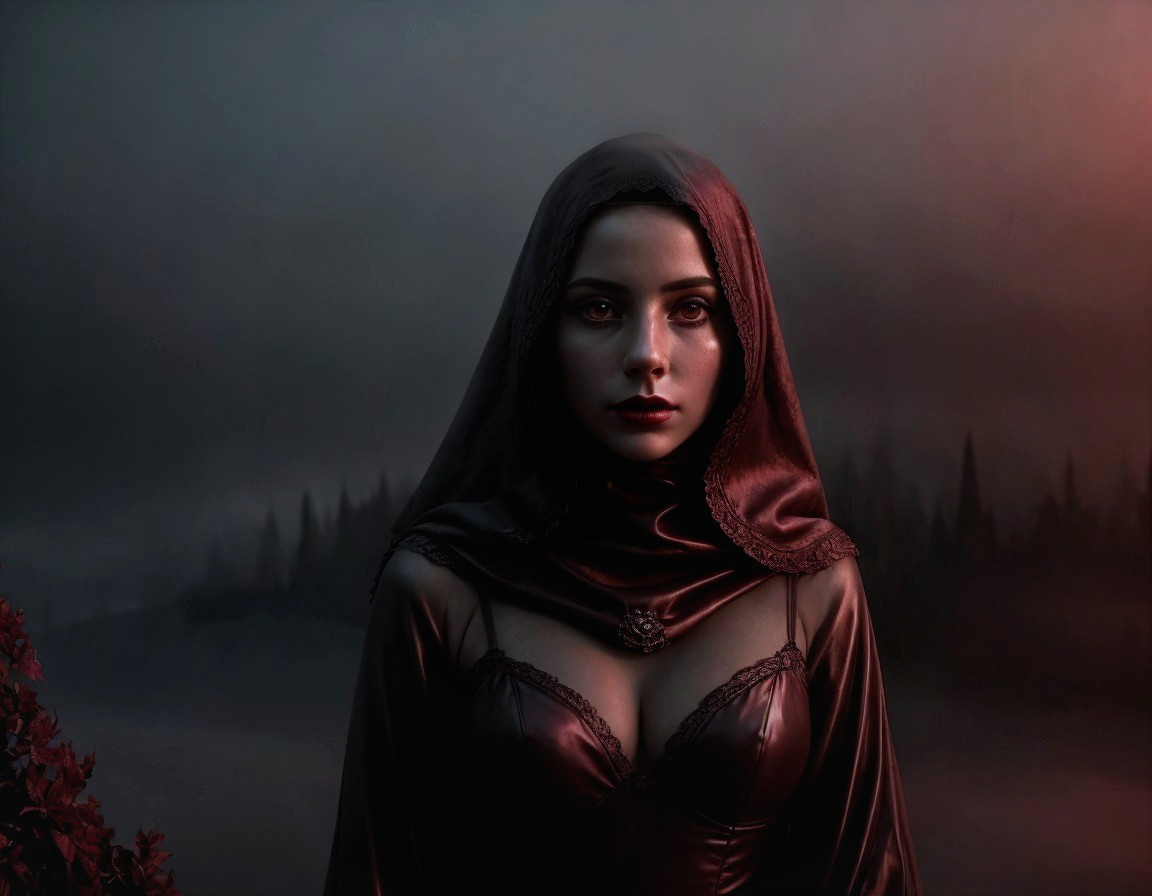 Mysterious Figure in Dark Cape Against Misty Backdrop