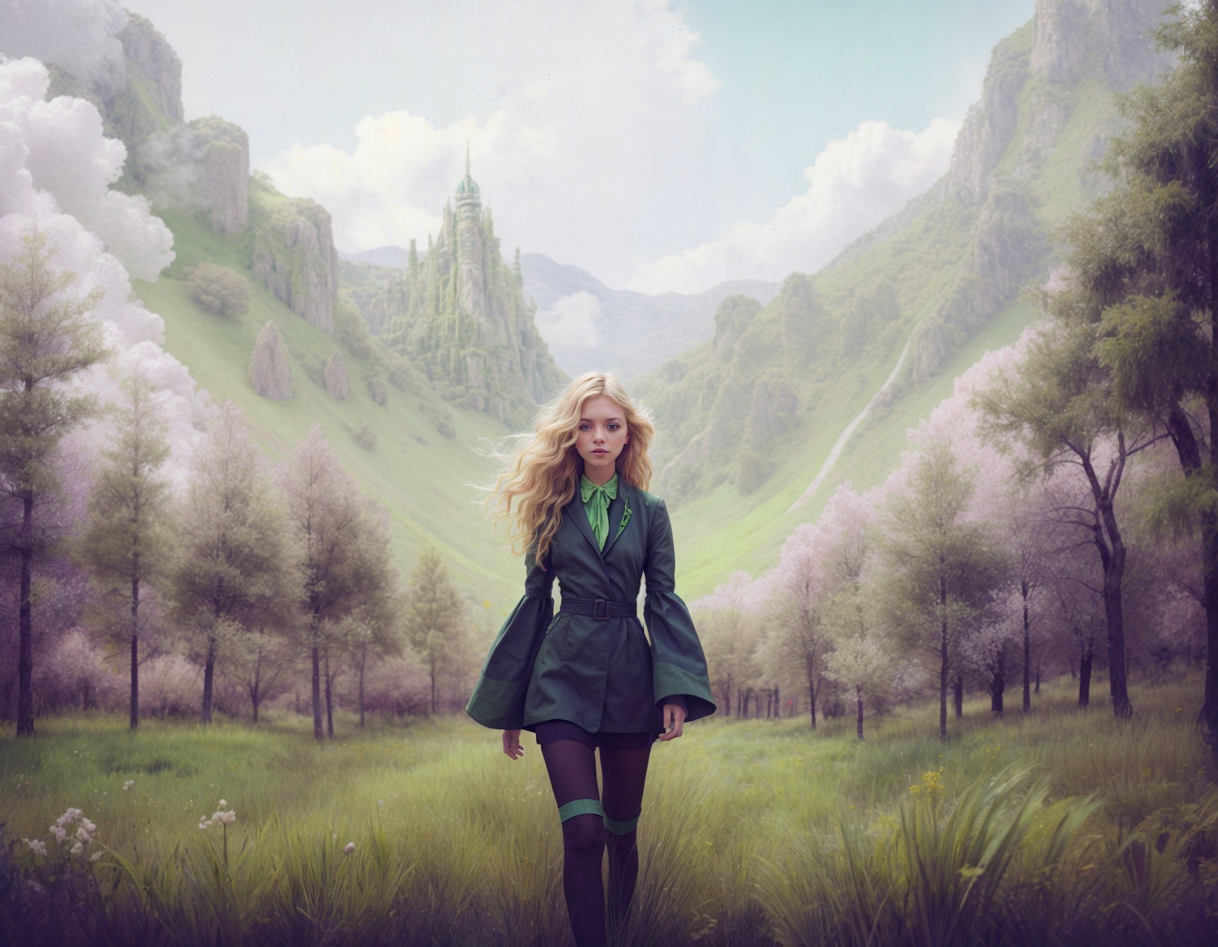 Young woman in green outfit in a lush valley scene