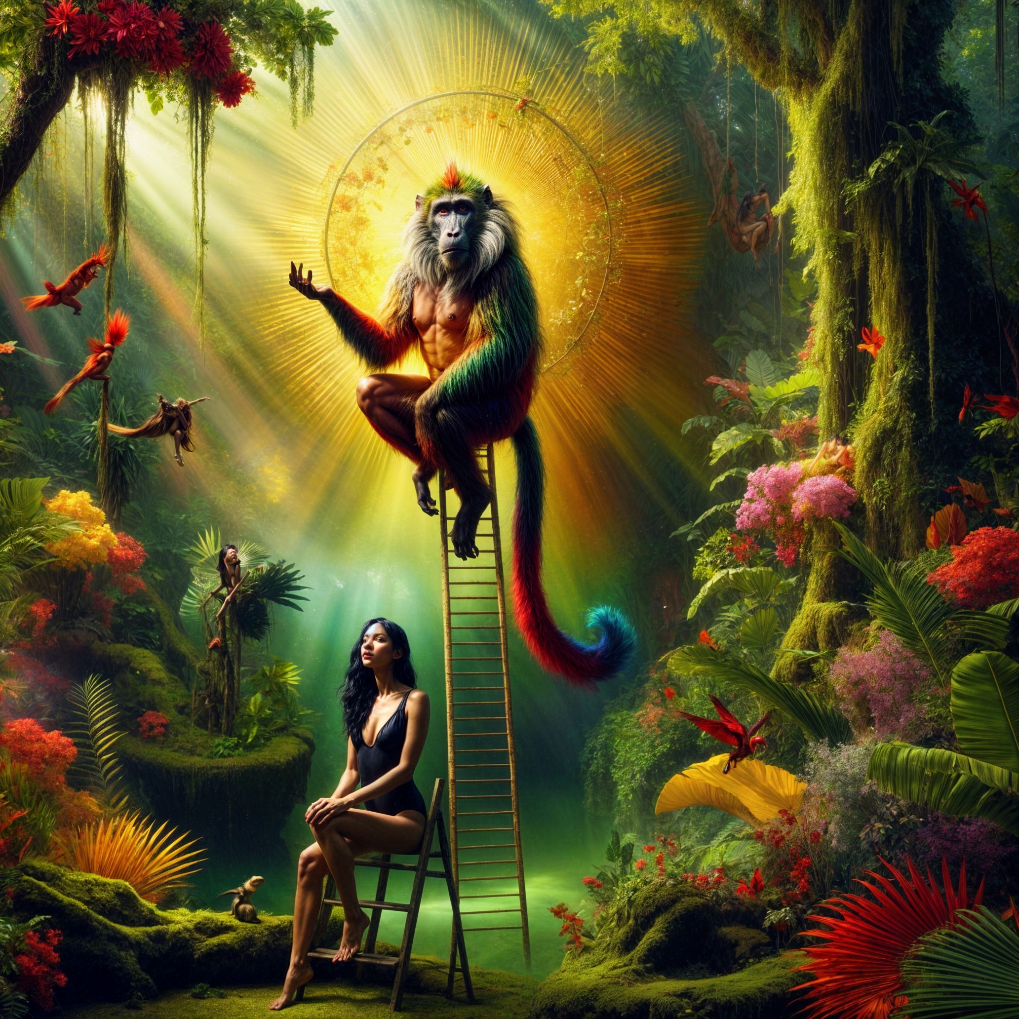 Woman on Ladder in Magical Jungle with Colorful Monkey