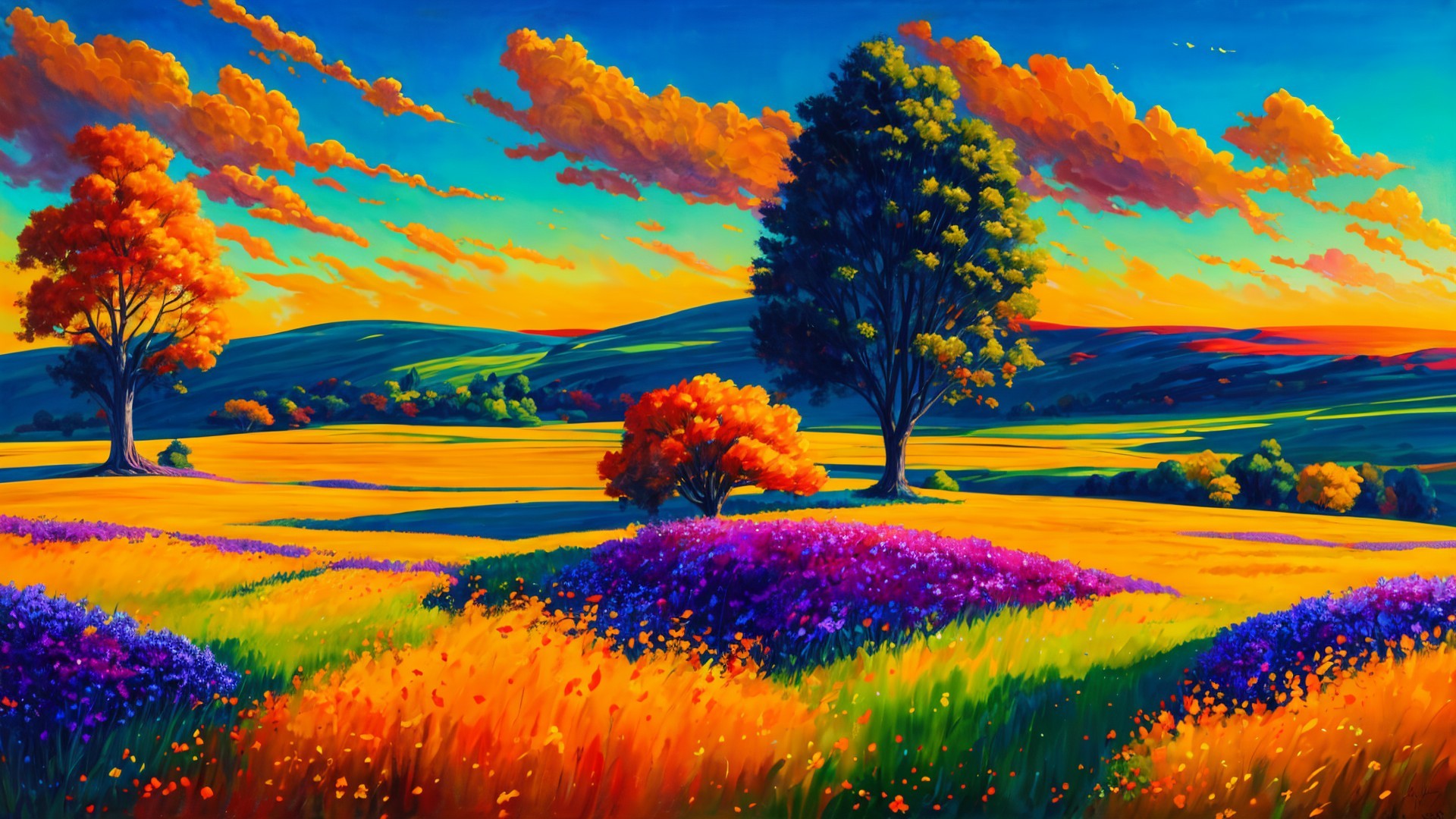 Vibrant Landscape of Colorful Hills and Trees