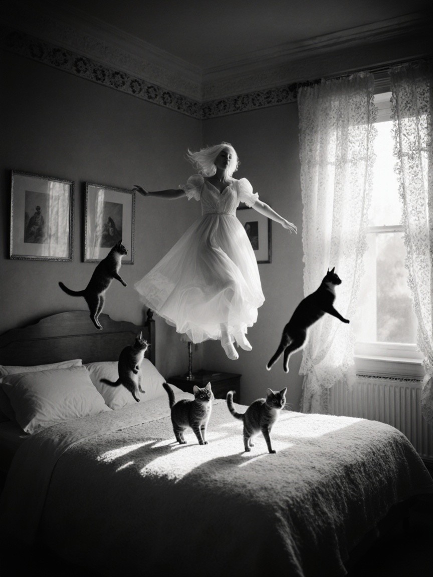 Dreamy Black-and-White Scene with Levitating Woman