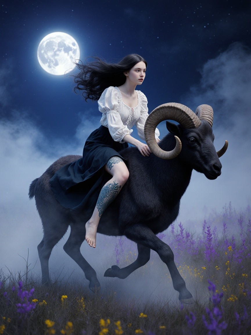 Mystical Moonlit Scene with Woman Riding a Ram
