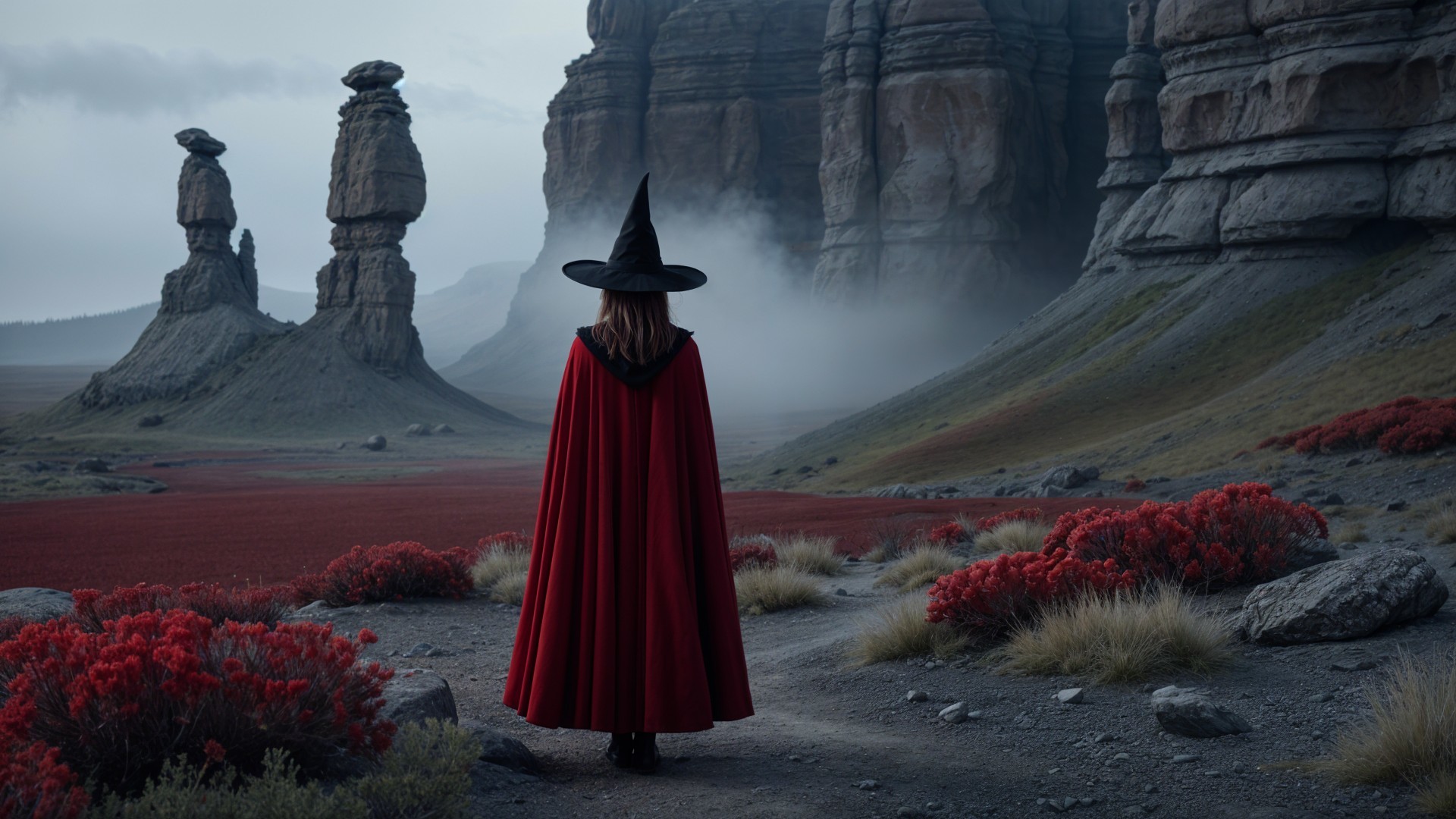 Cloaked Figure in Red Cape Against Rugged Landscape