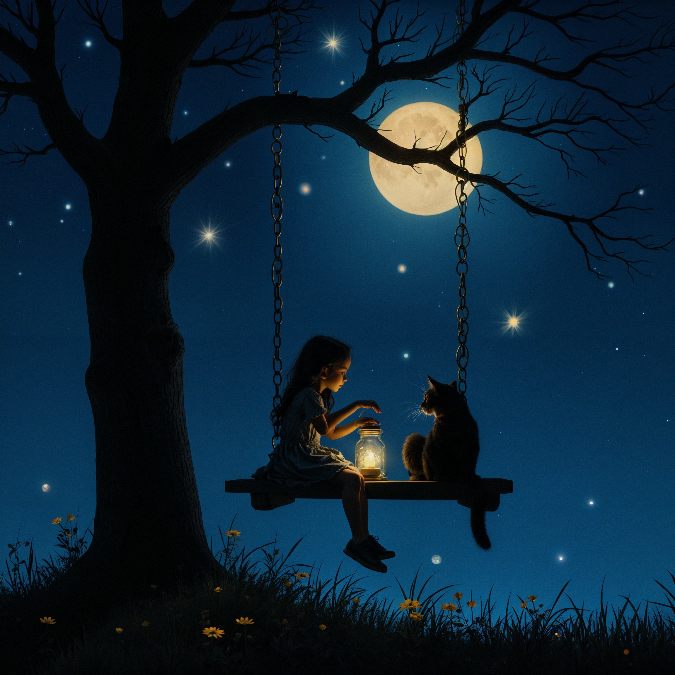 Tranquil Night Scene with Girl, Lantern, and Cat