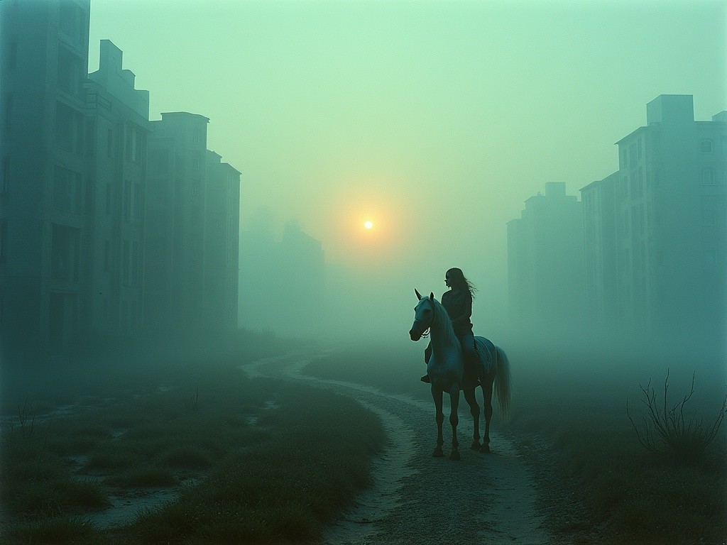 Solitary Rider on White Horse in Foggy Landscape