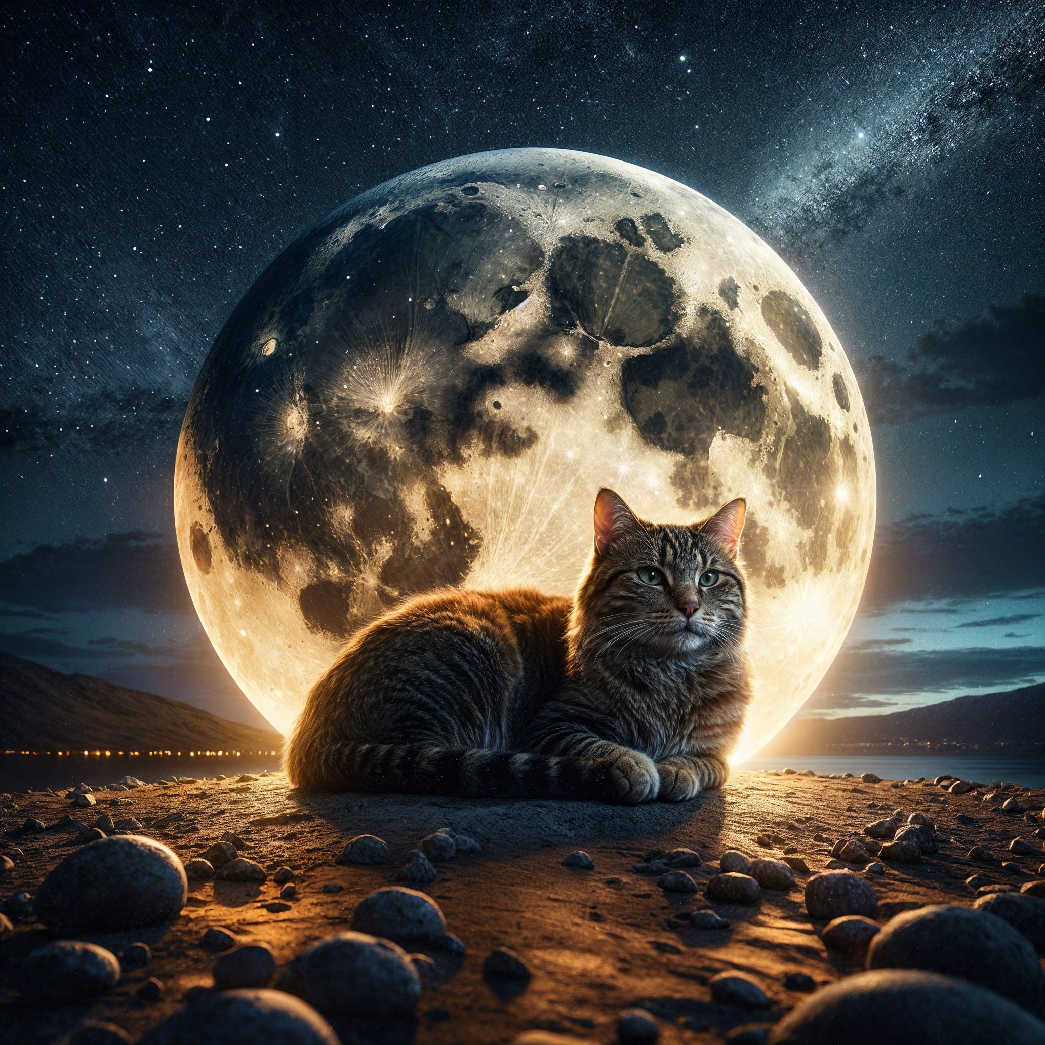 Tabby Cat Under Moonlit Night Sky with Stars