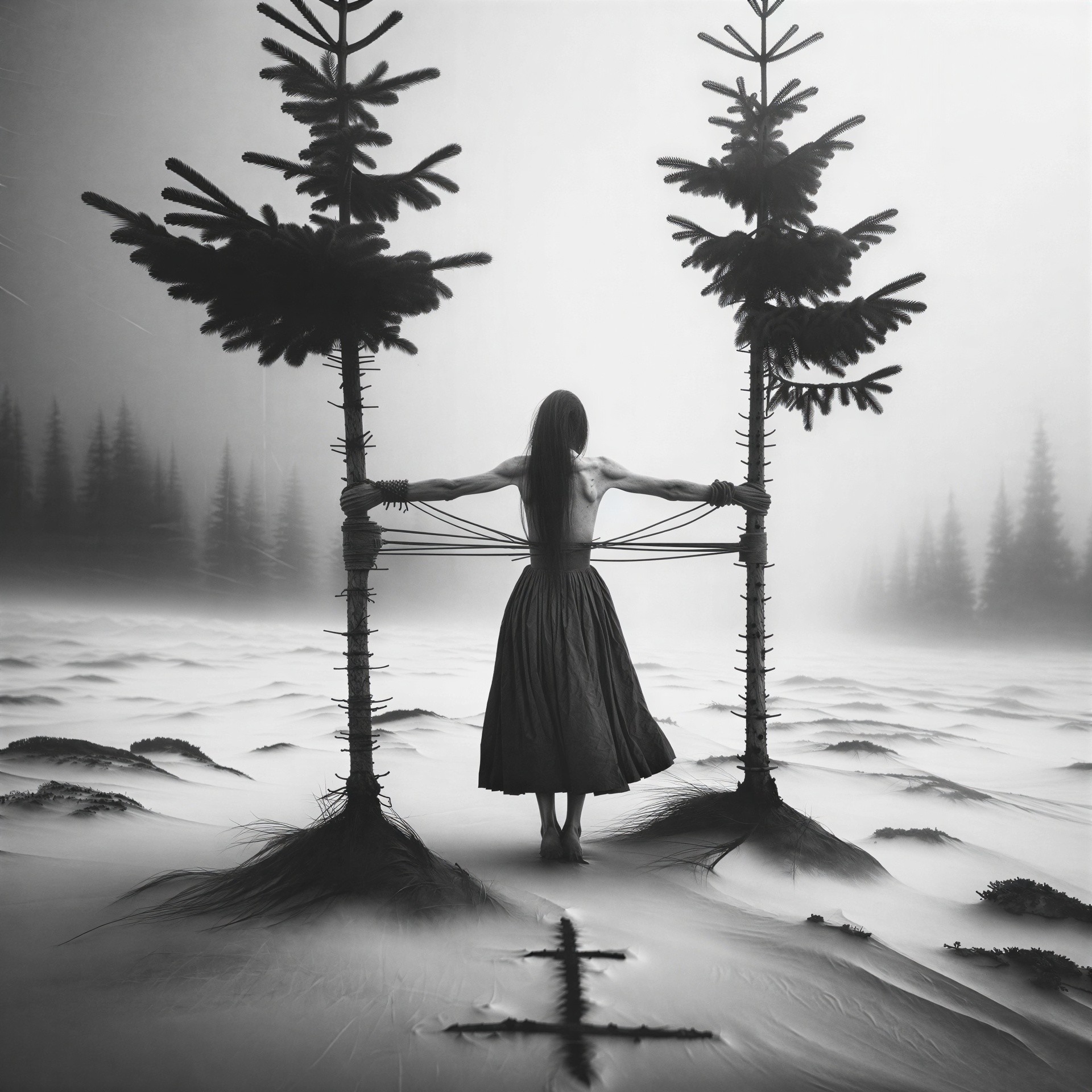 Black and White Photograph of a Figure Between Trees