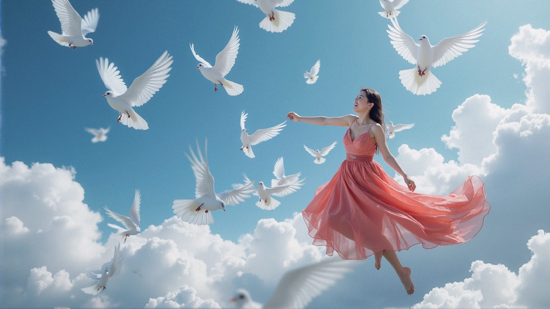 Woman in Pink Dress Surrounded by White Doves