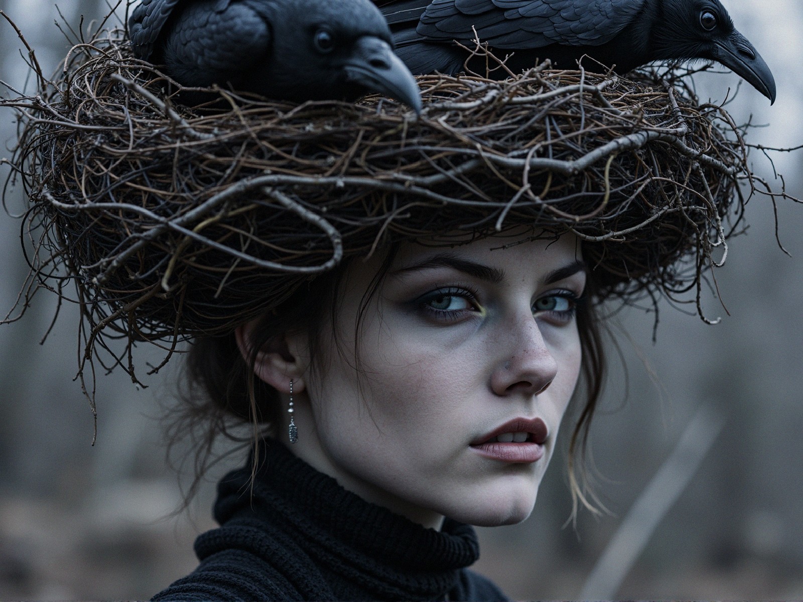 Portrait of a Young Woman with Nest-Like Headpiece