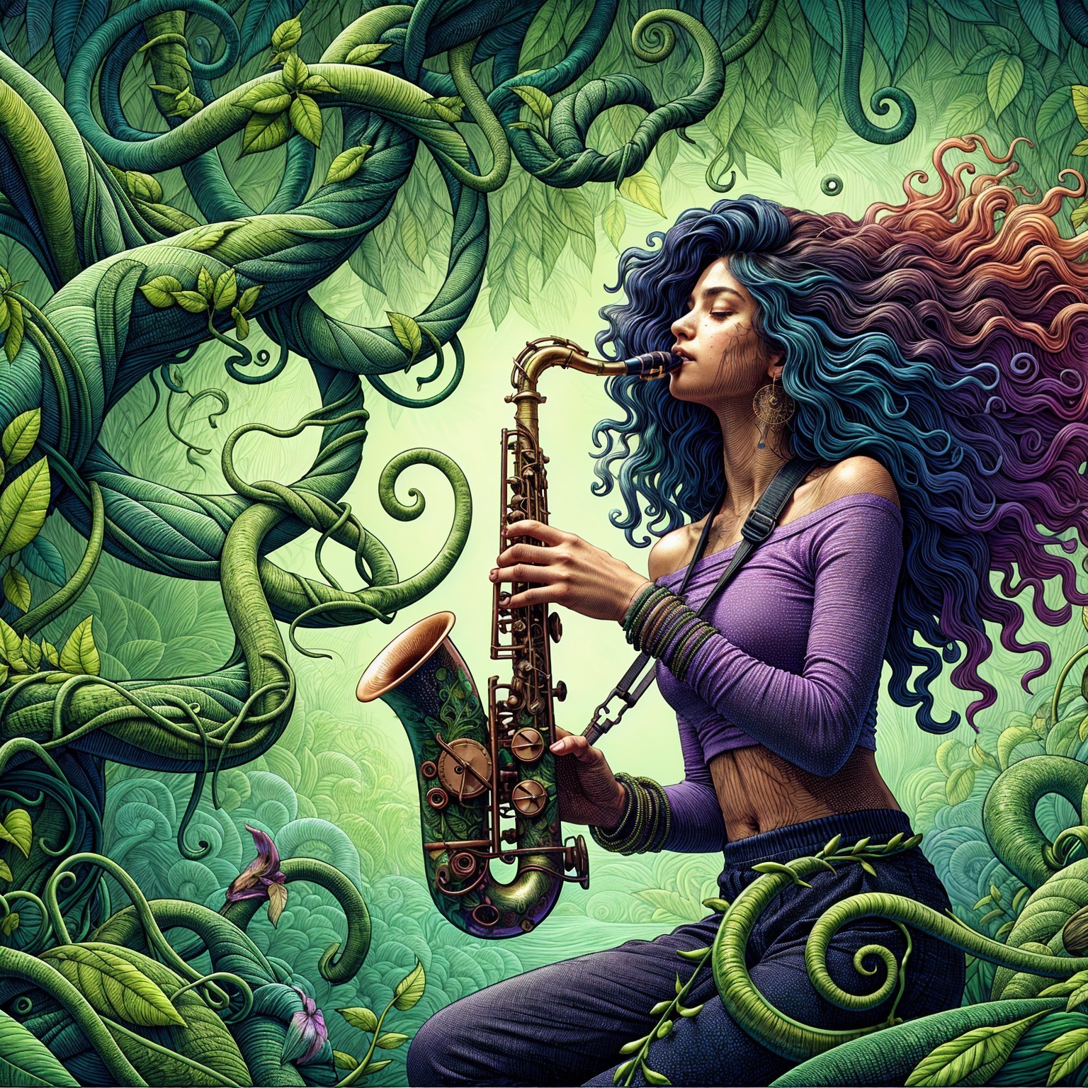 Woman with Colorful Hair Playing Saxophone in Nature