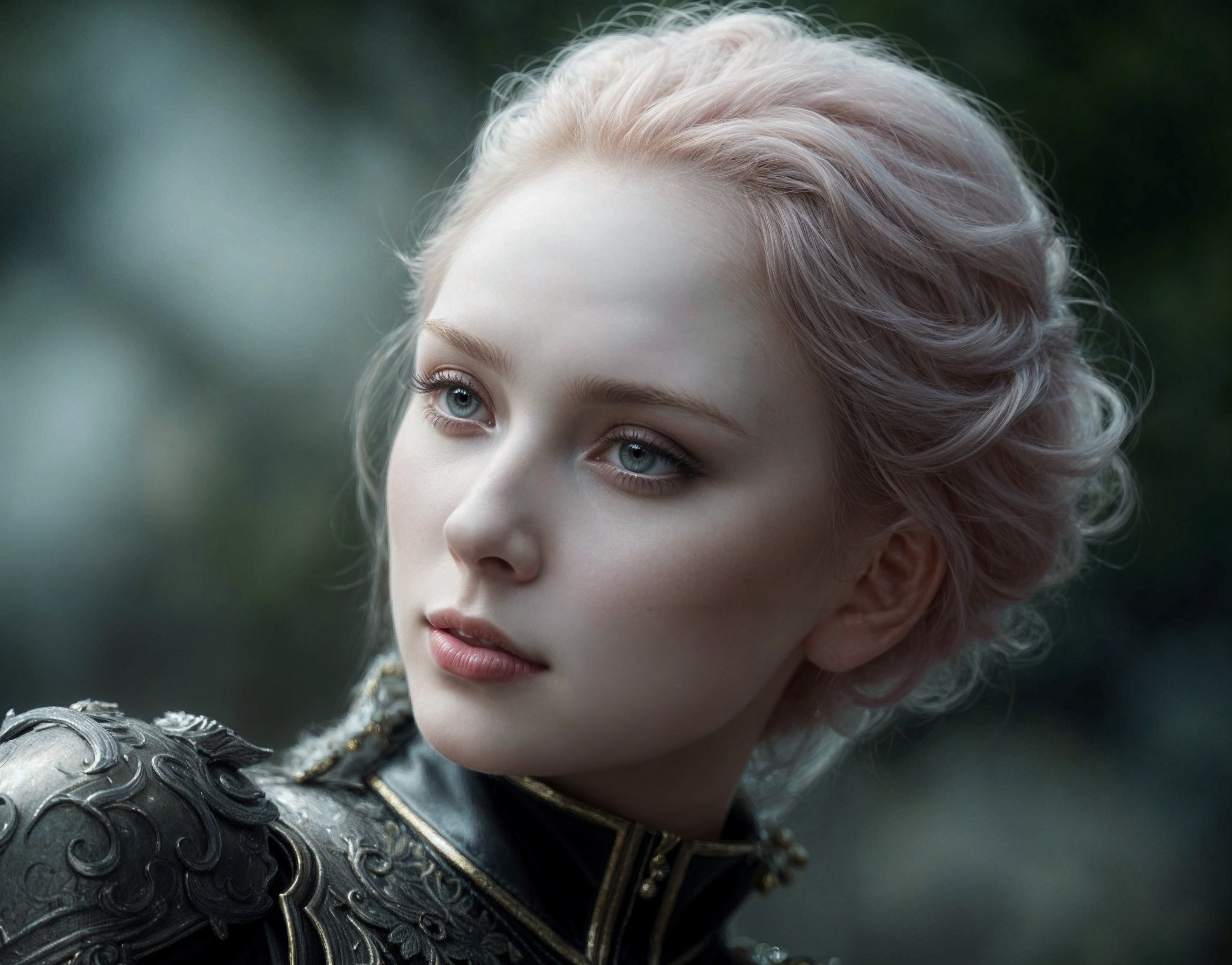 Young woman in dark armor with pink hair in nature