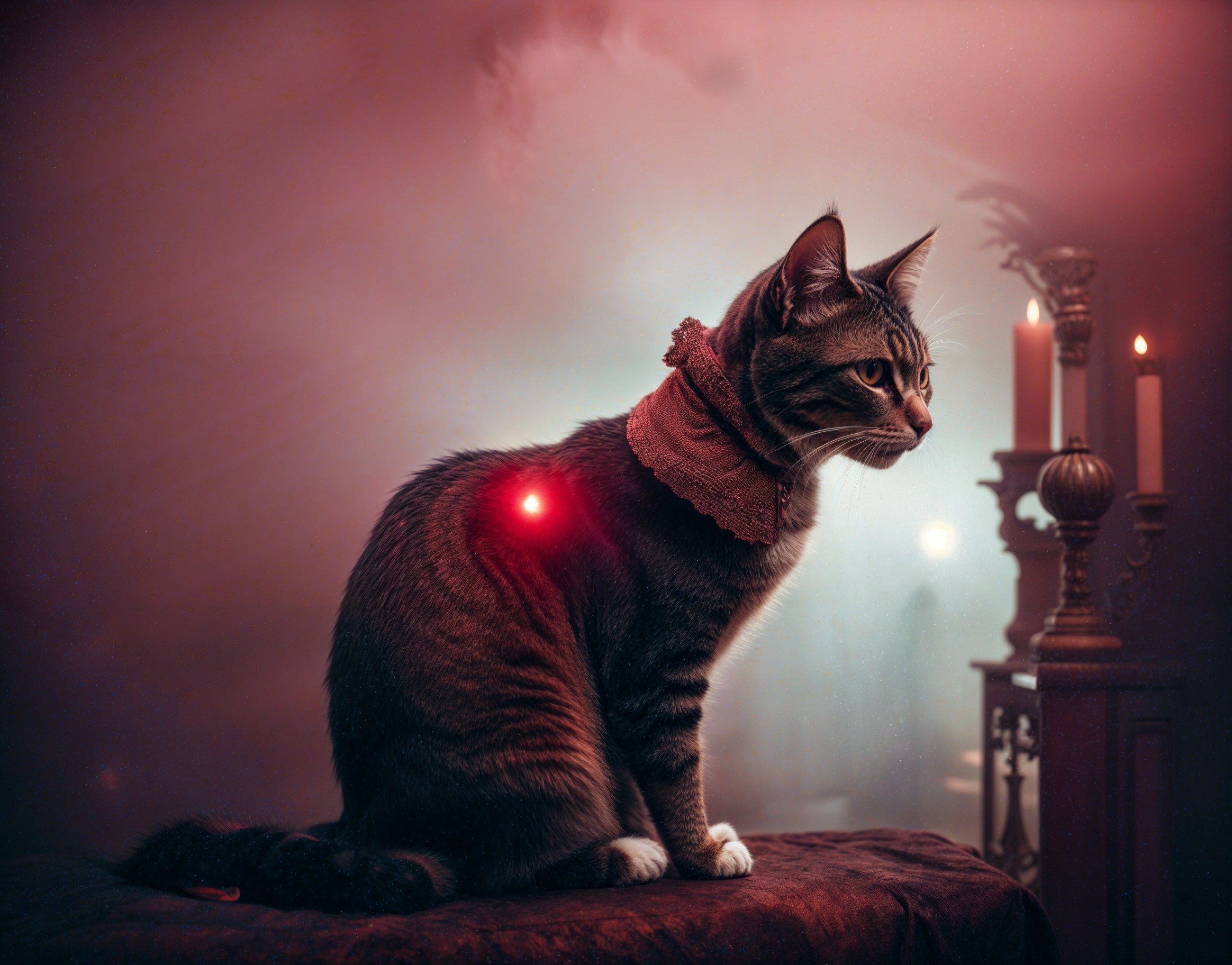 Tabby Cat in Candlelit Room with Mystical Glow