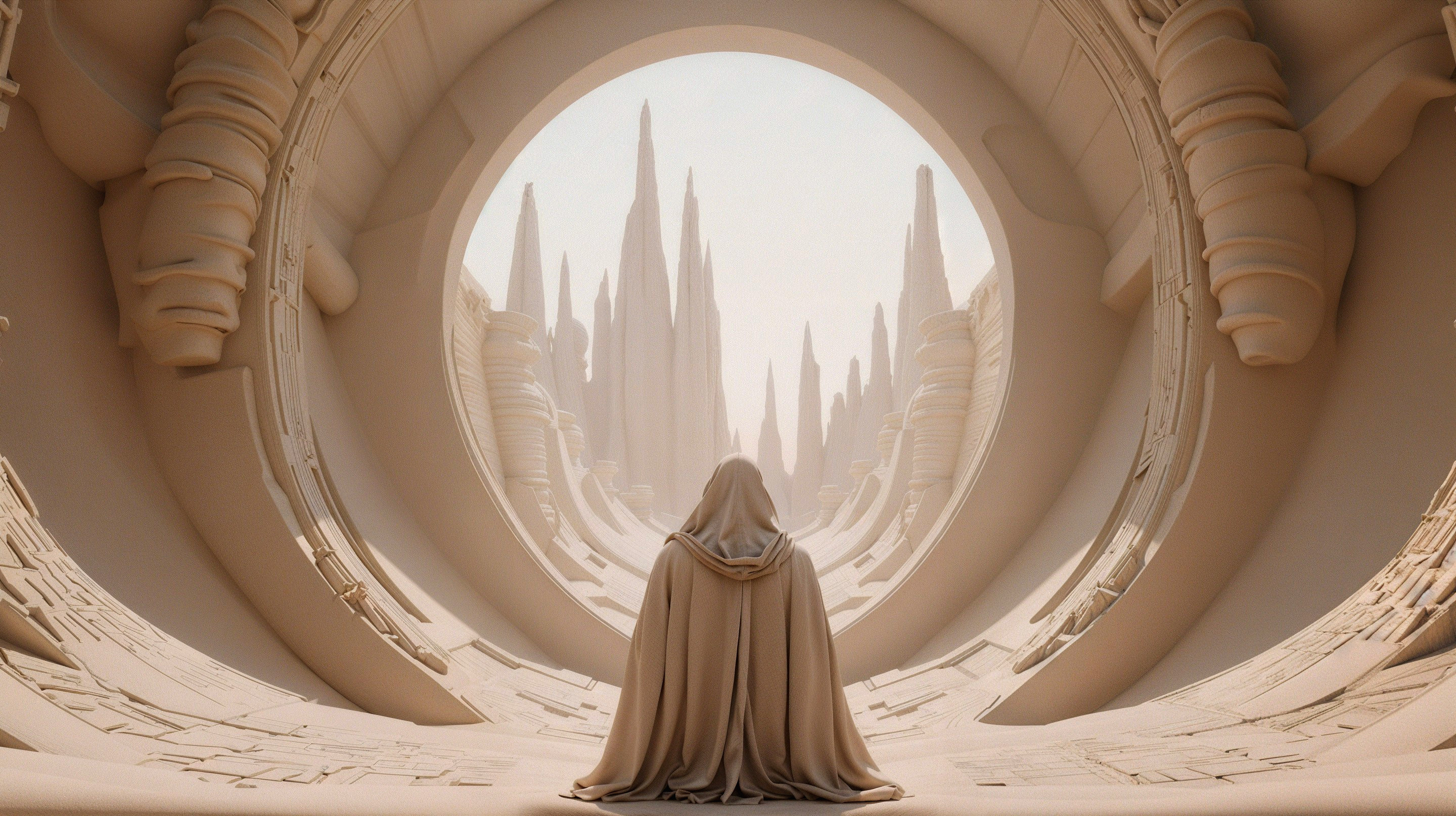 Surreal Minimalist Landscape with Cloaked Figure and Portal