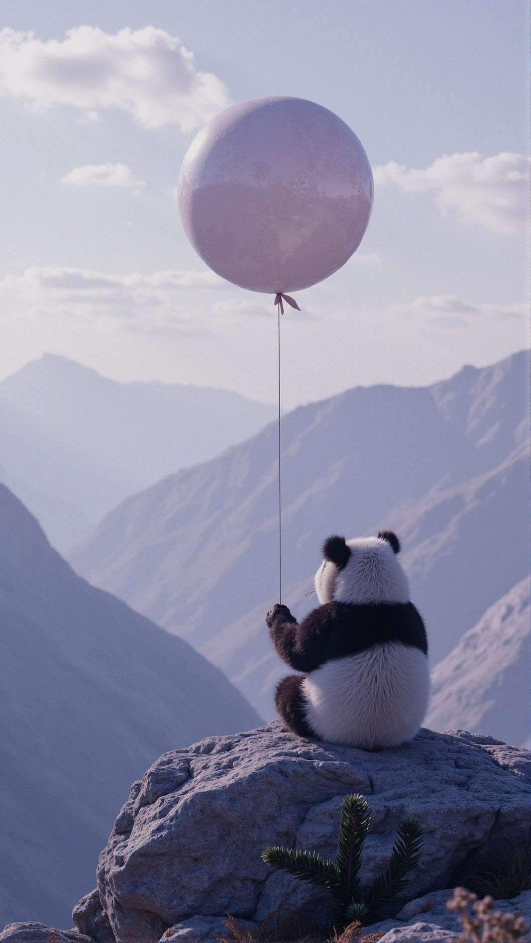 Panda with Balloon on Rocky Outcrop in Tranquil Landscape