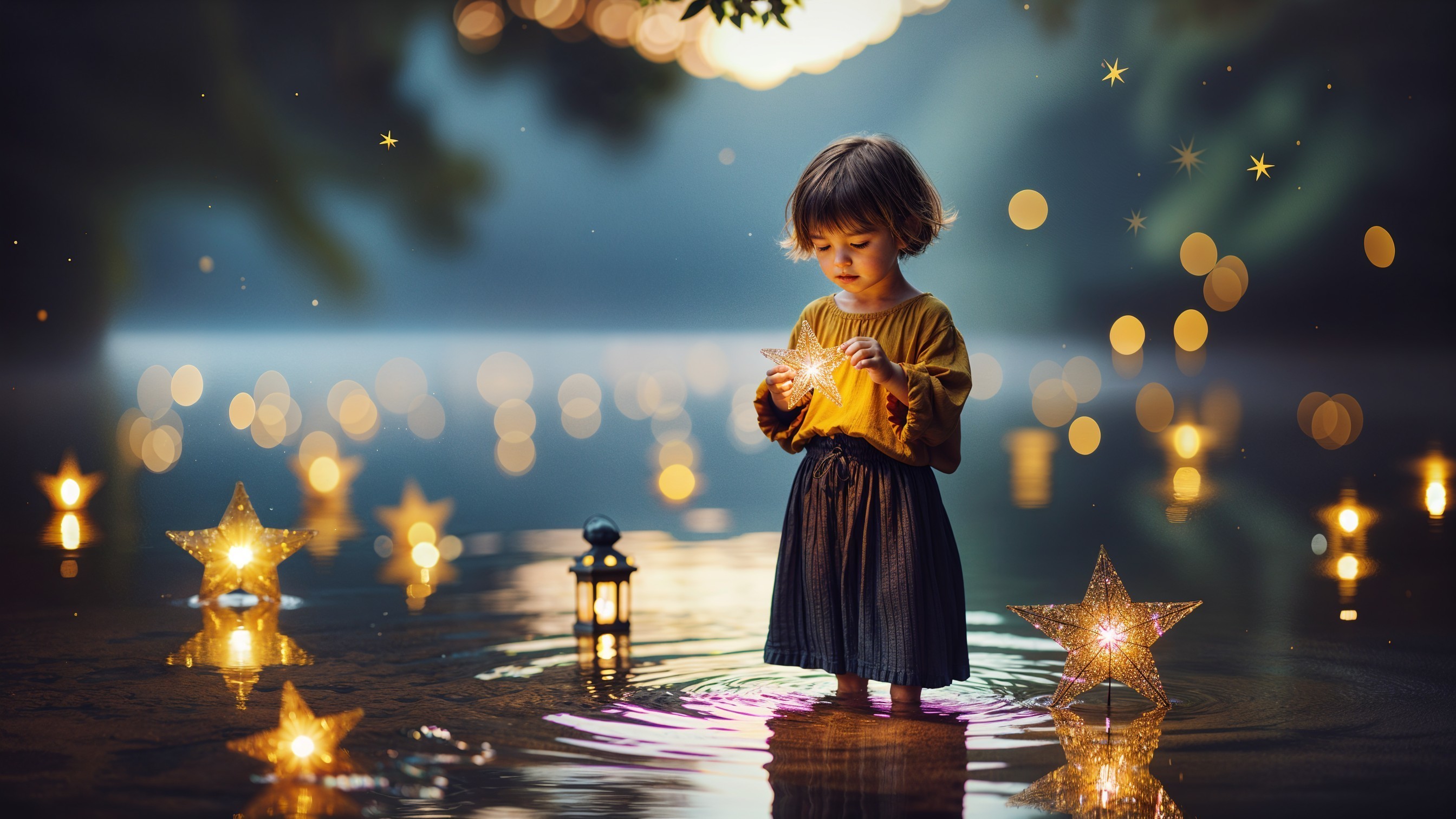 Child in tranquil water surrounded by stars and lanterns
