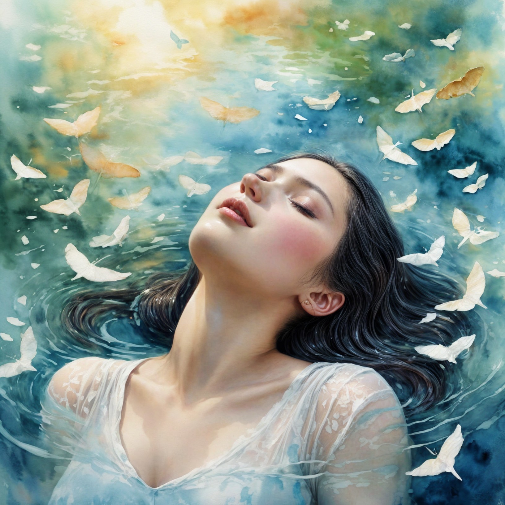 Young woman floating in tranquil water with butterflies