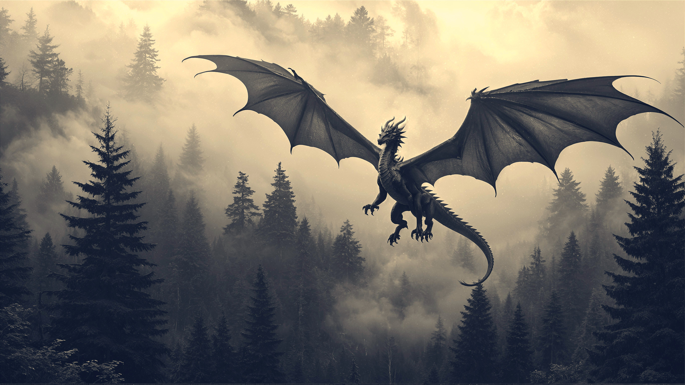 Dragon Soaring Over Misty Forest Landscape