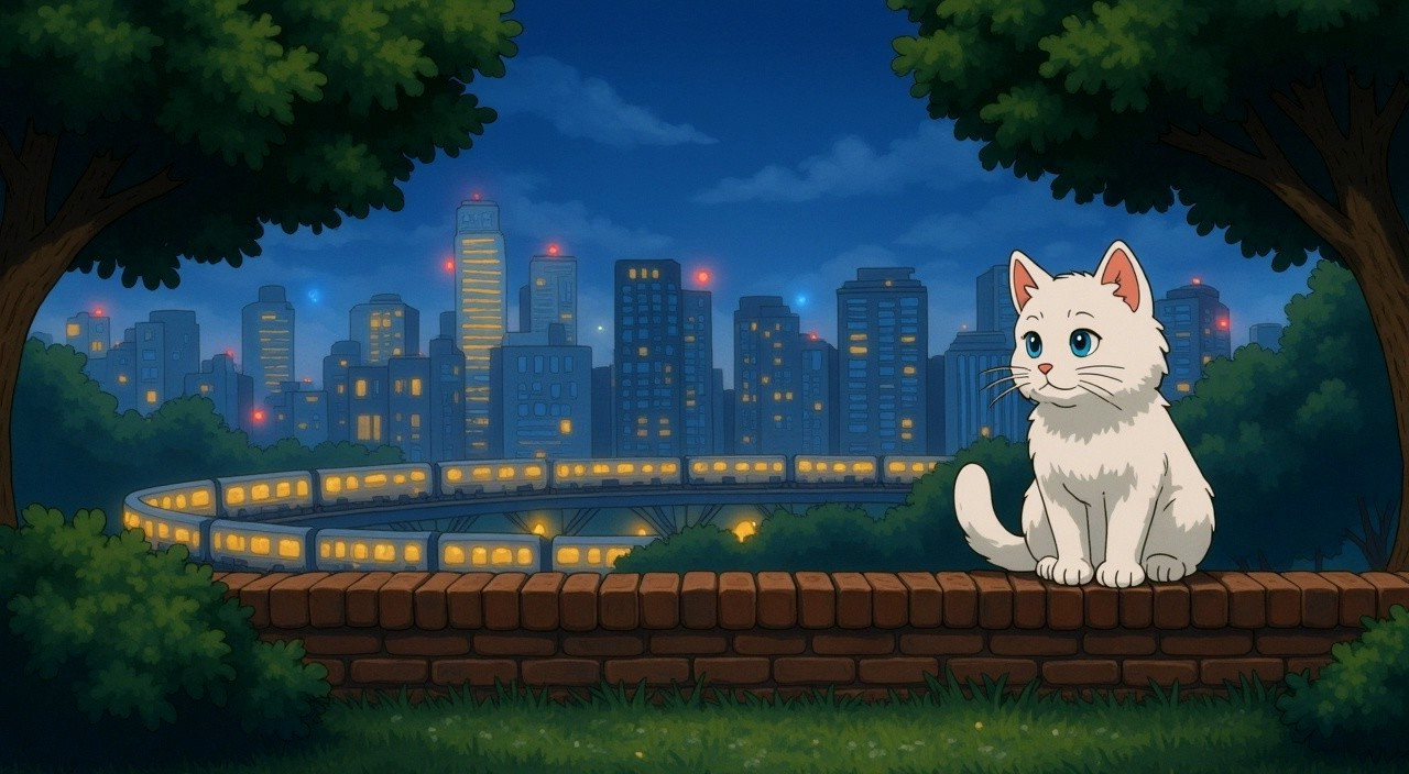 City Nightscape with a Curious Cat