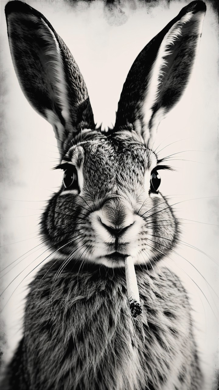 Black and White Portrait of a Rabbit with Cigarette