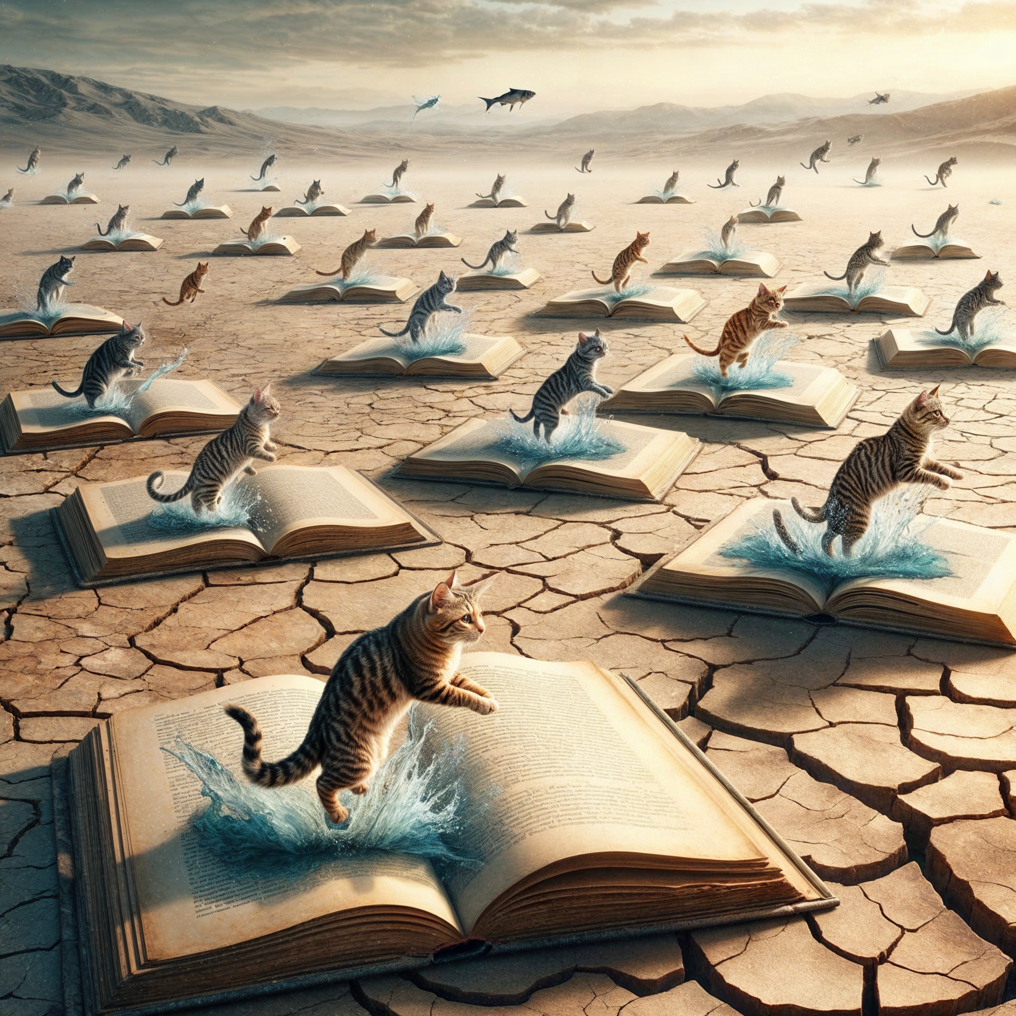 Surreal Landscape with Books, Water, and Cats