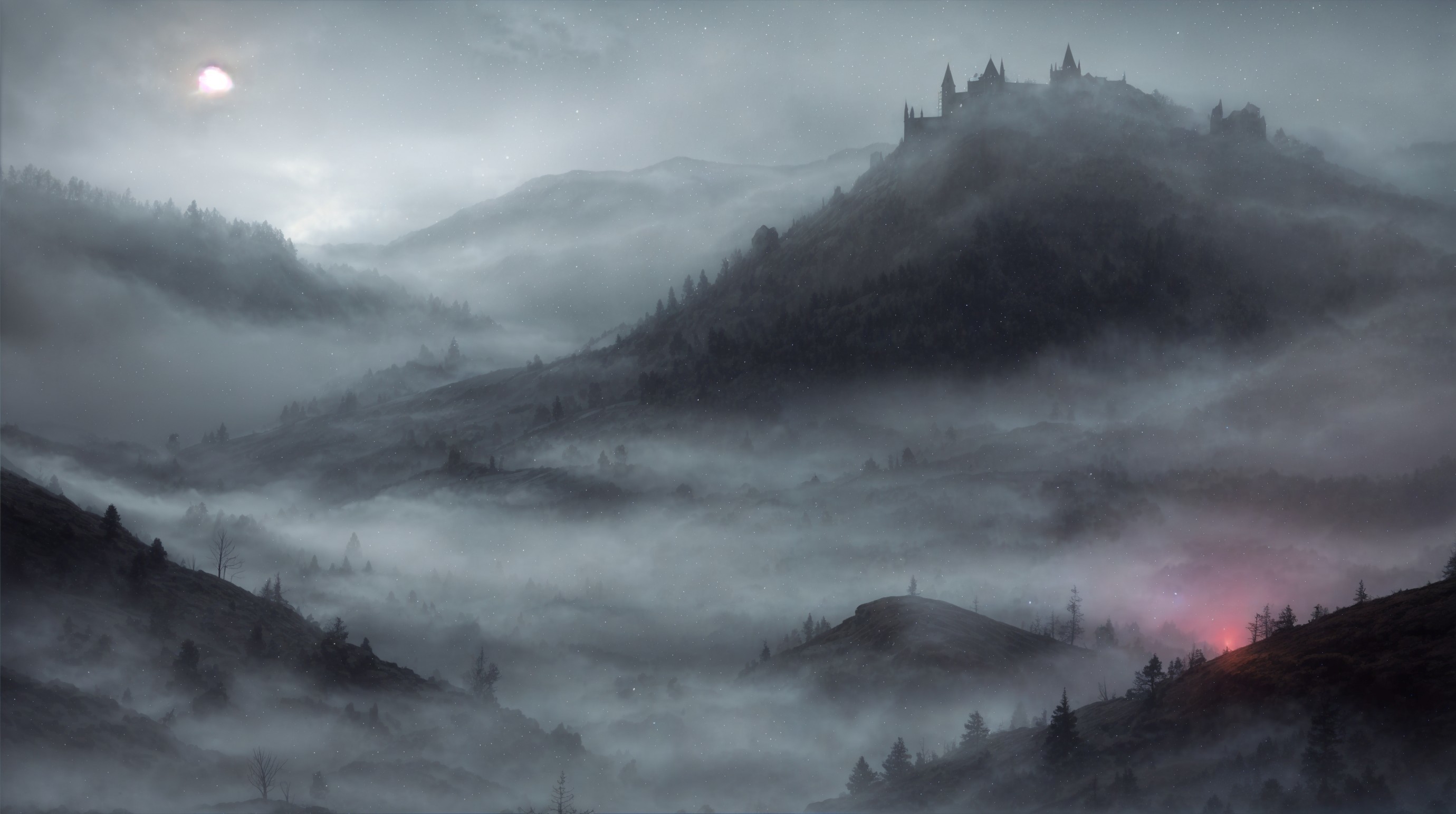 Misty Landscape with Ominous Castle and Eerie Glow