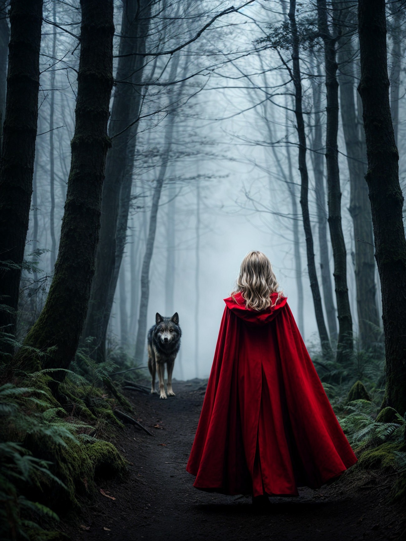 Misty Forest Encounter with Red Cloak and Wolf