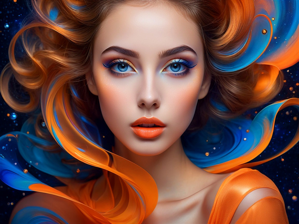 Portrait of a Woman with Vibrant Hair and Cosmic Background