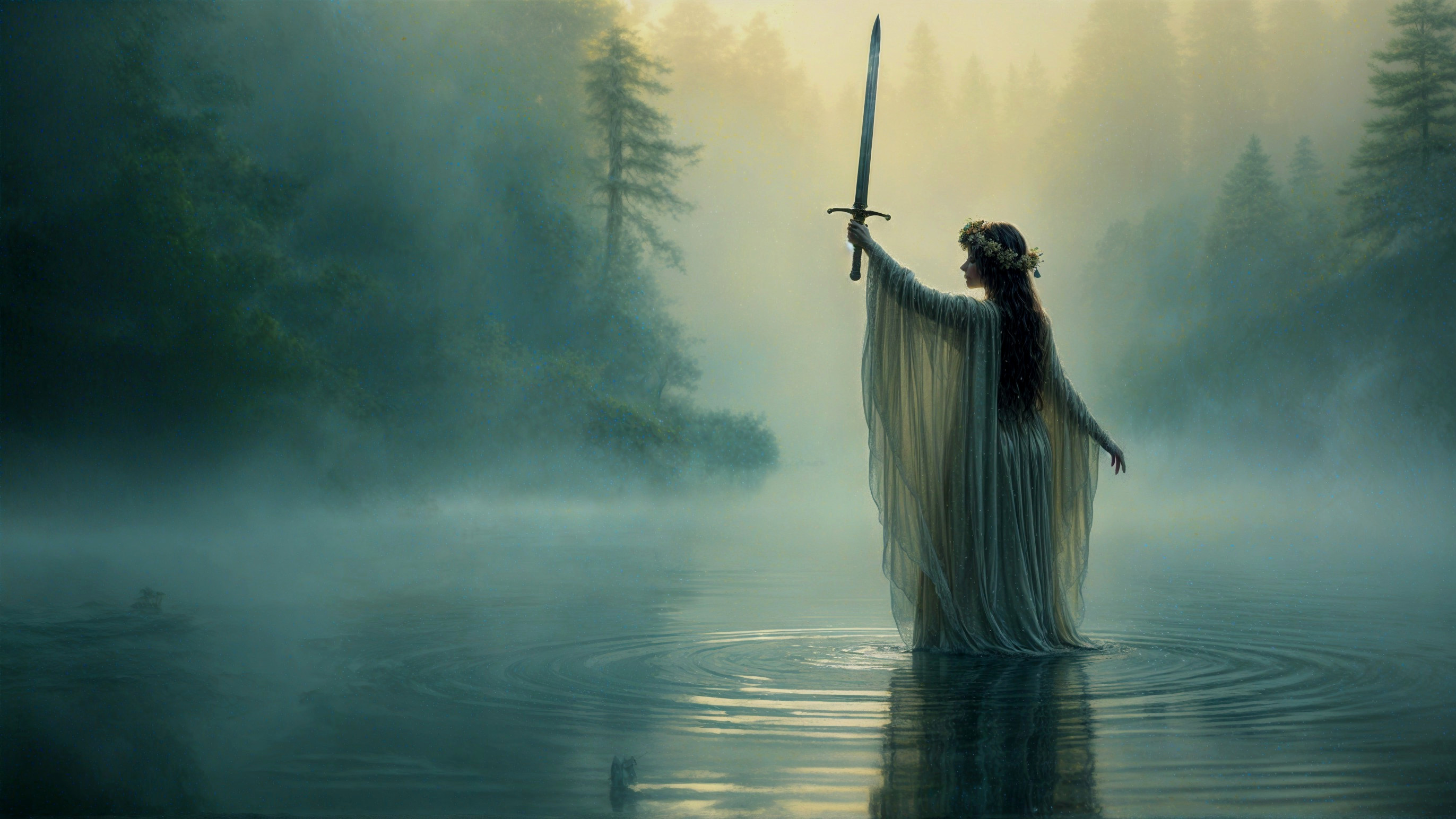 Mystical Figure with Sword in Foggy Lake Setting